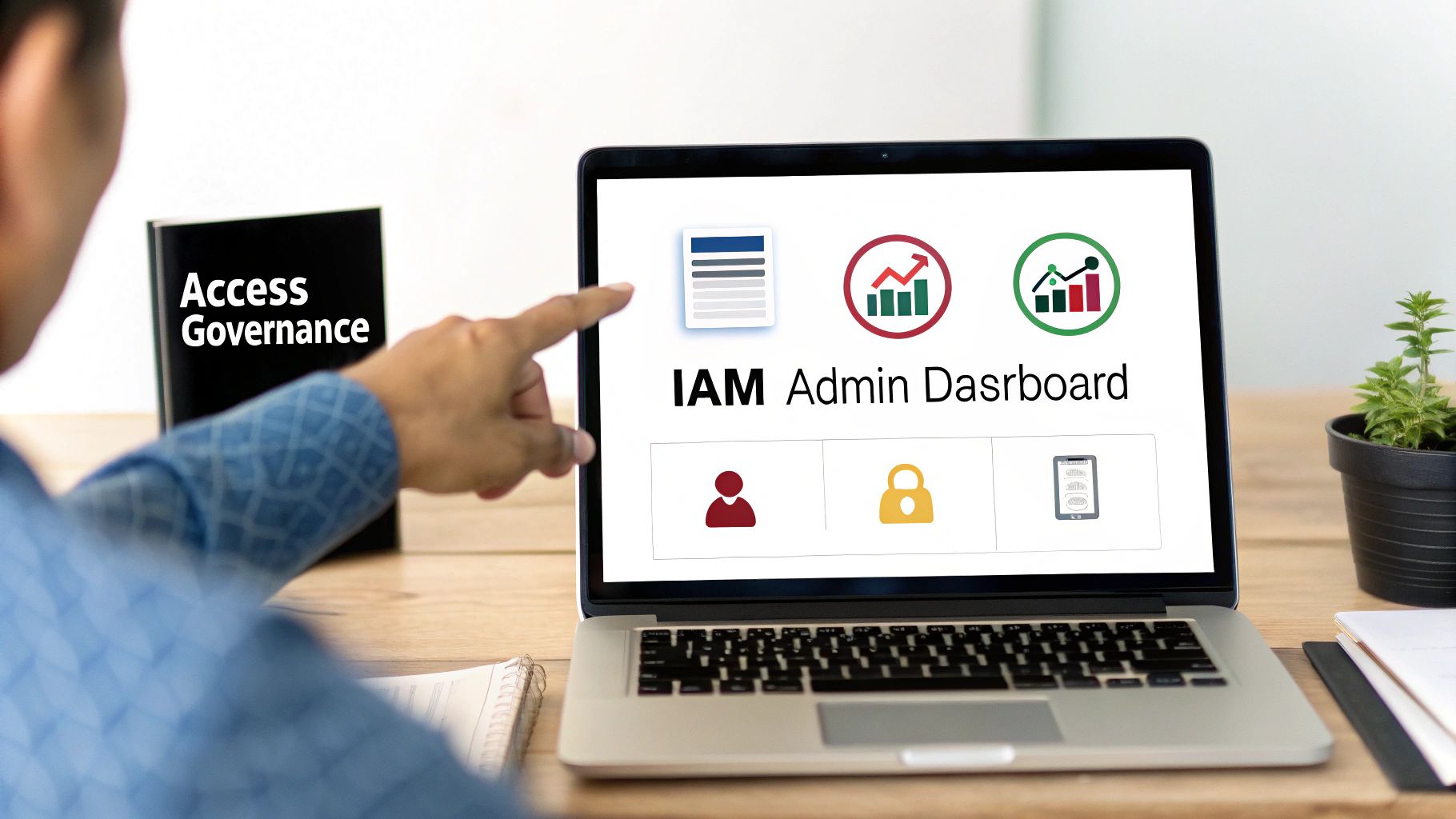 Person pointing at a laptop screen showing an IAM Admin Dashboard and icons. 'Access Governance' book is nearby.