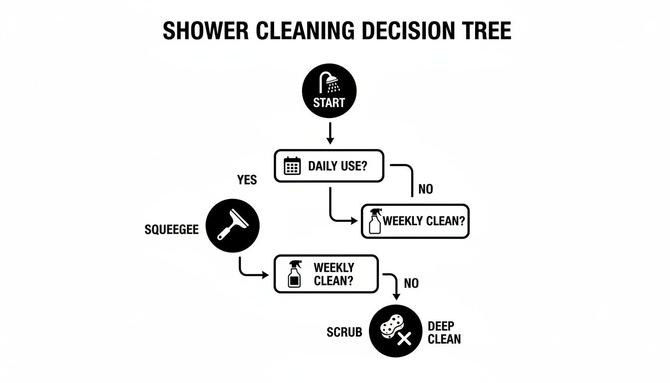 A black and white shower cleaning decision tree flowchart showing daily and weekly maintenance steps.