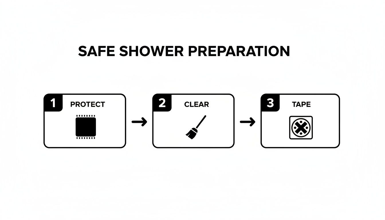 Three-step infographic shows safe shower preparation: protect (chip icon), clear (broom icon), and tape (taped square icon).