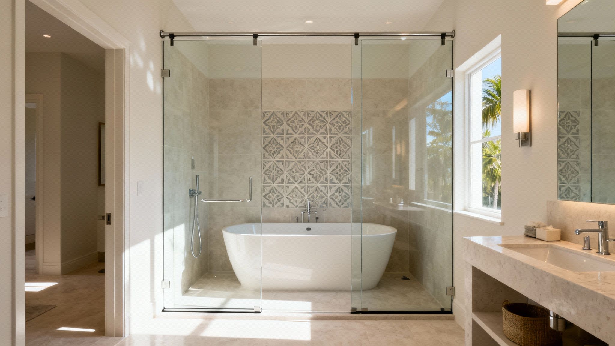 A bright, modern bathroom featuring a freestanding tub inside a glass-enclosed shower, with a marble vanity.