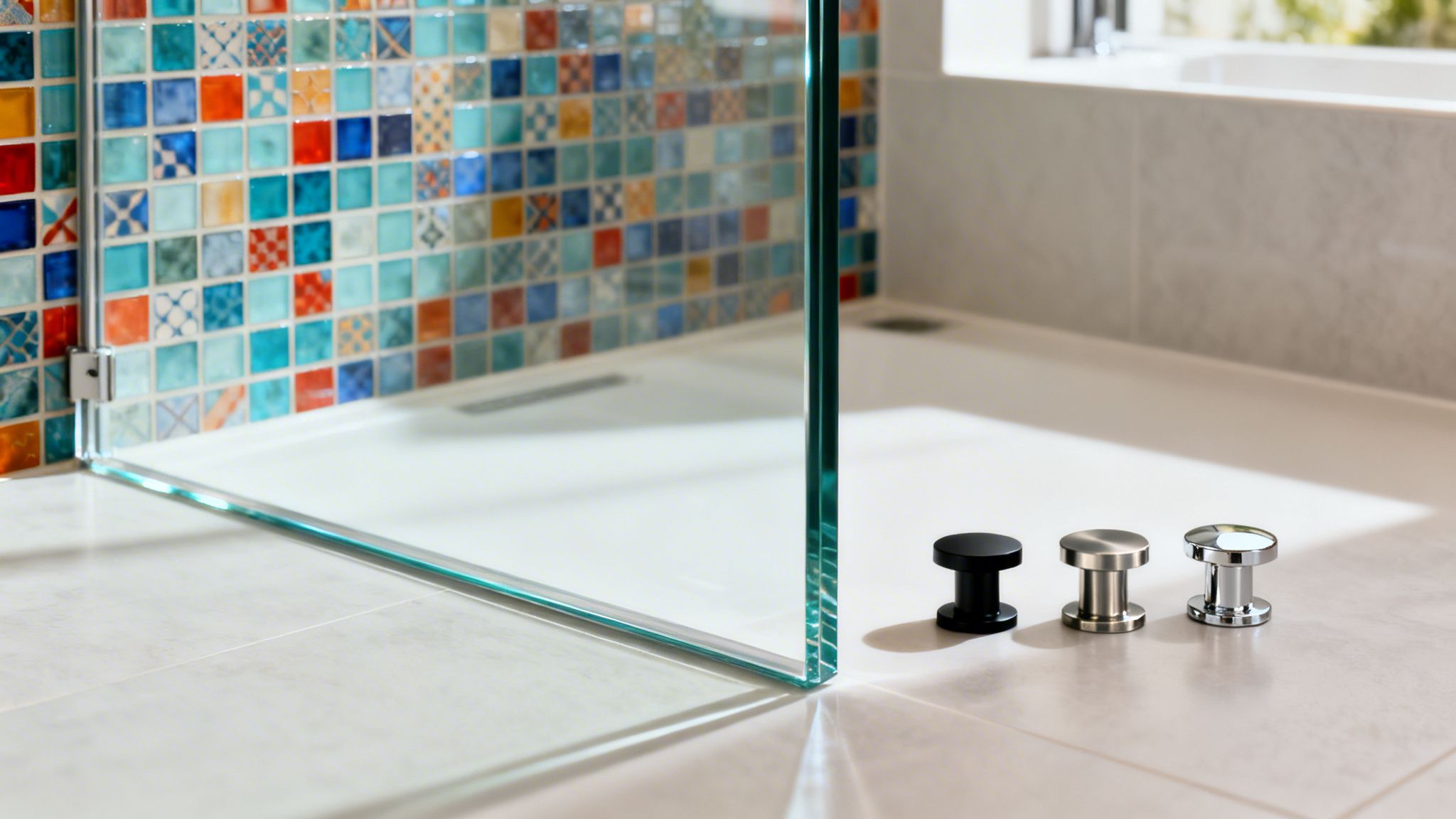 Modern bathroom features a clear sliding shower glass panel, colorful mosaic tiles, and three metal floor stoppers.