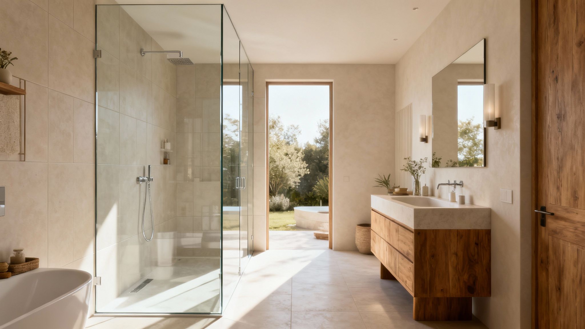 Bright modern bathroom with a glass walk-in shower, wooden vanity, and garden view.