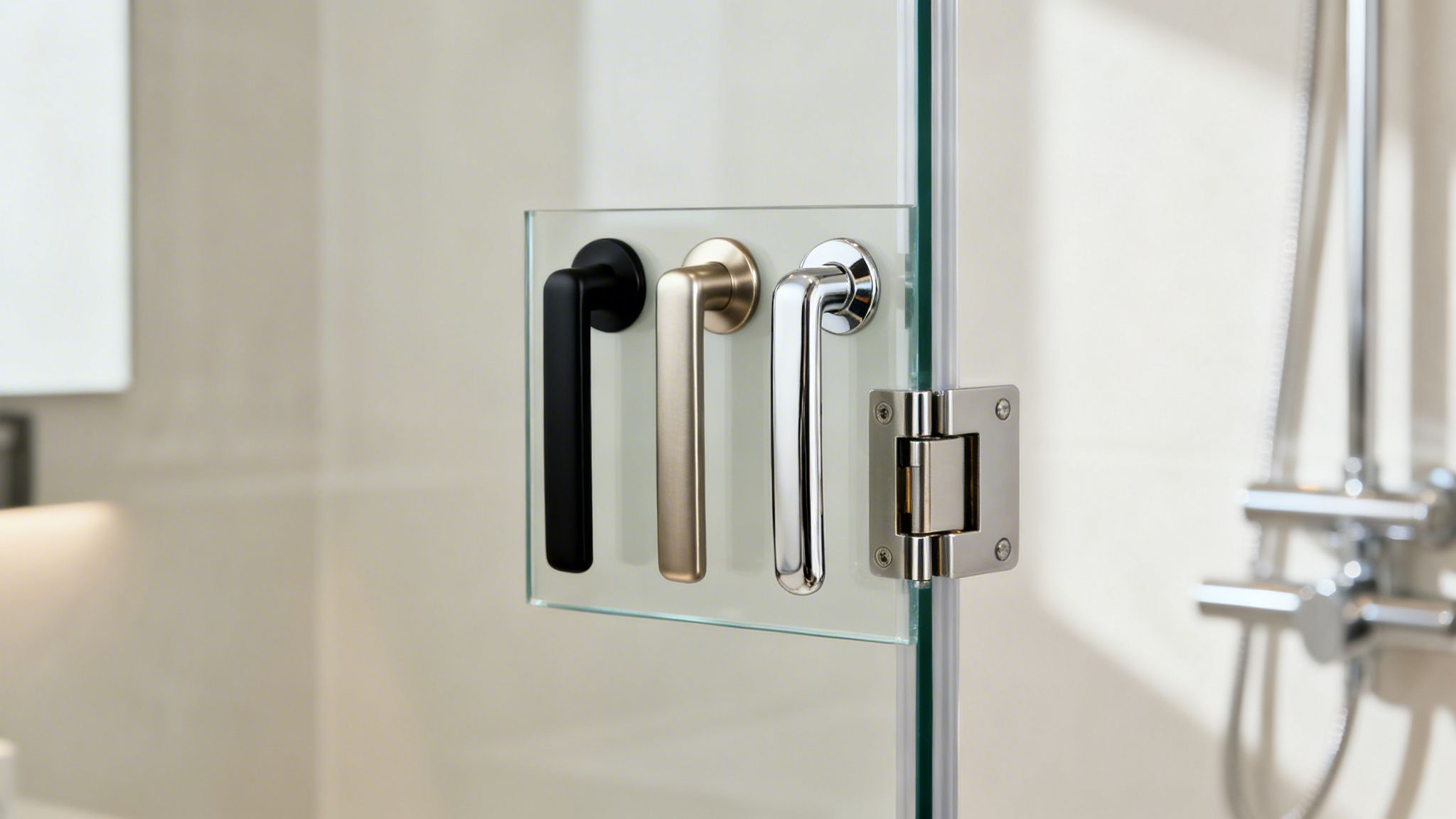 Three stylish shower door handles in black, gold, and chrome on a clear glass door.