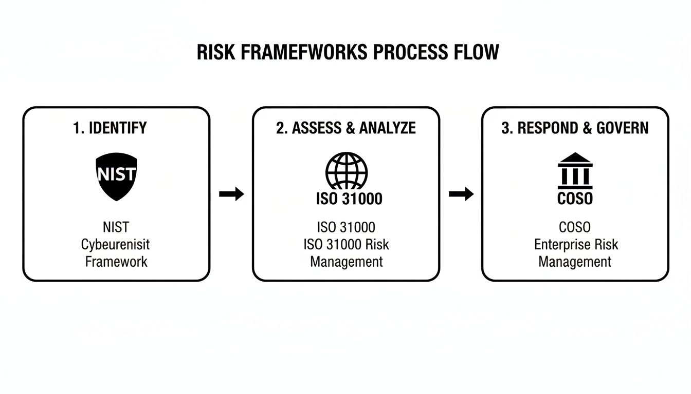 Diagram showing risk frameworks process: Identify (NIST), Assess & Analyze (ISO 31000), Respond & Govern (COSO).