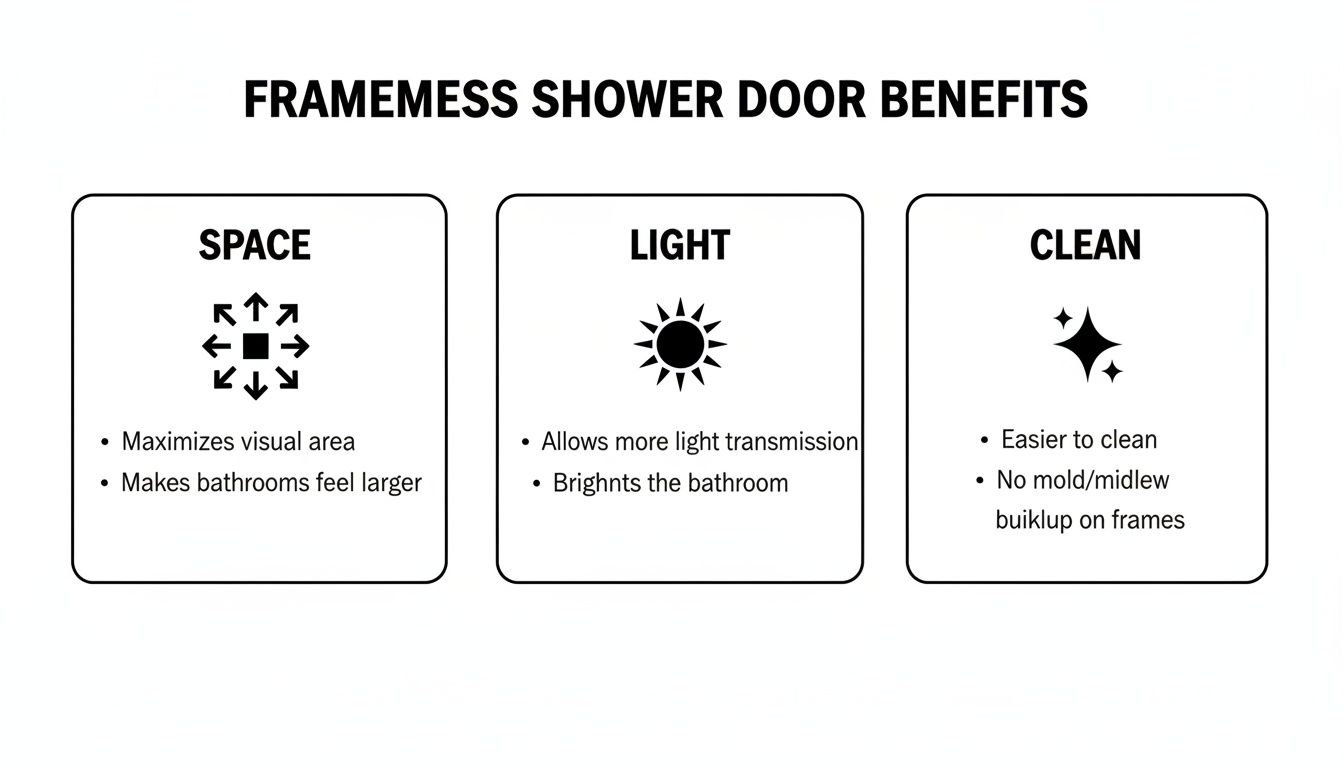 Diagram illustrating frameless shower door benefits: enhanced space, light, and easy cleaning.