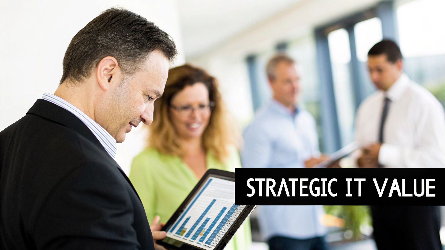 A businessman reviews data on a tablet with colleagues during a strategic IT value discussion.