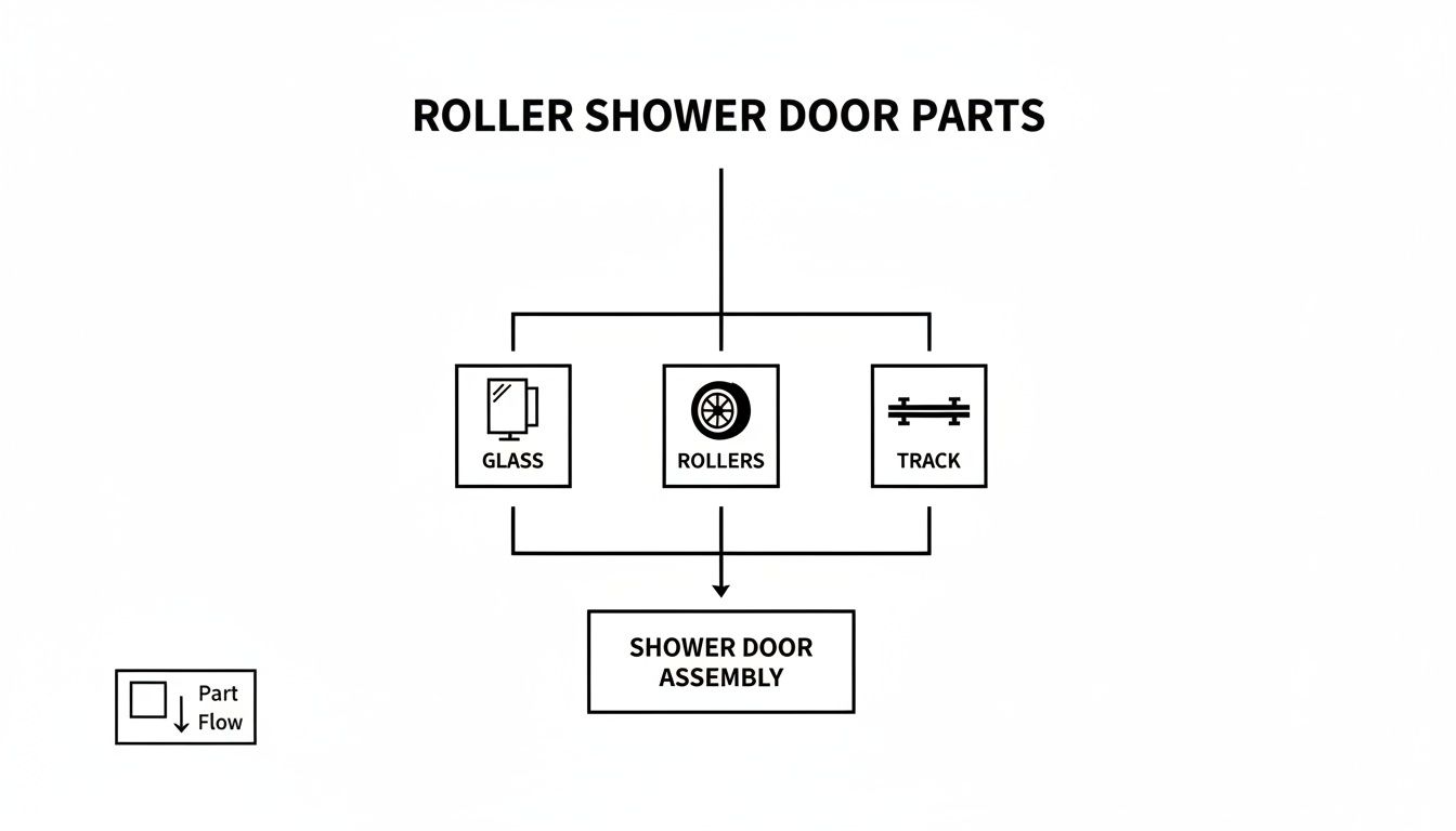 A flowchart illustrates the assembly of a roller shower door from its glass, rollers, and track parts.
