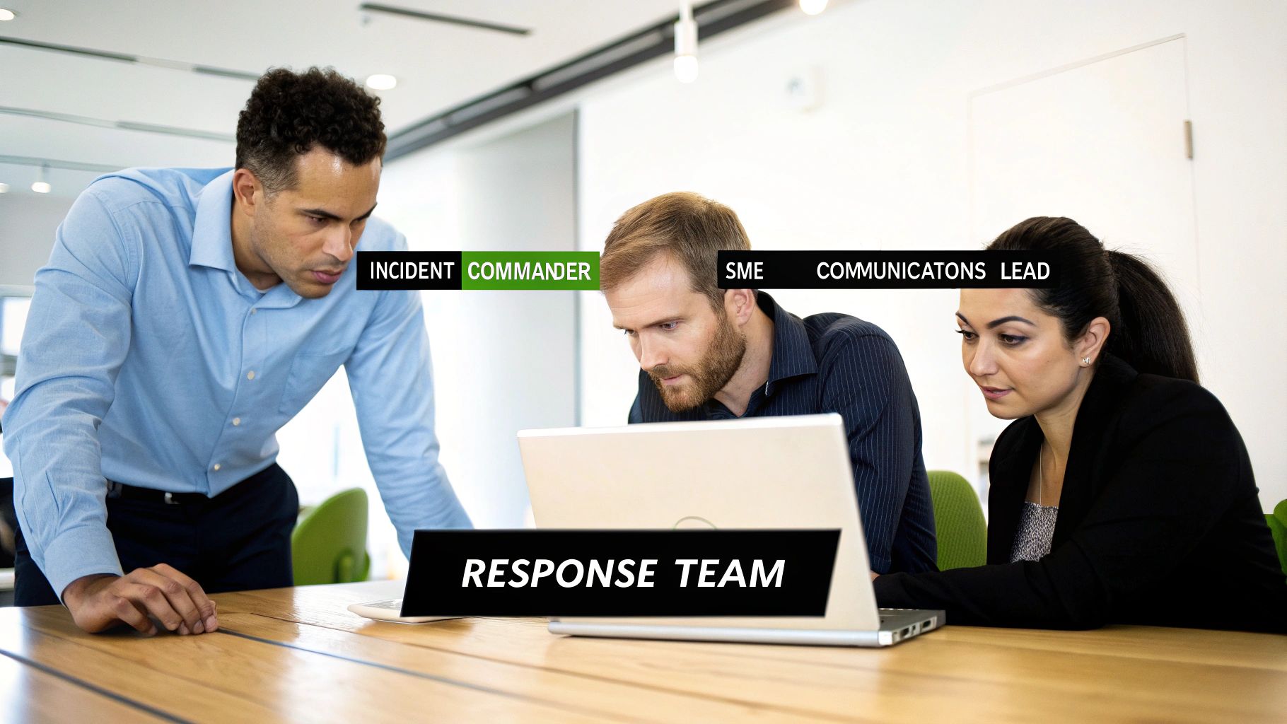 Three professionals, an Incident Commander, SME, and Communications Lead, collaborating around a laptop as a response team.