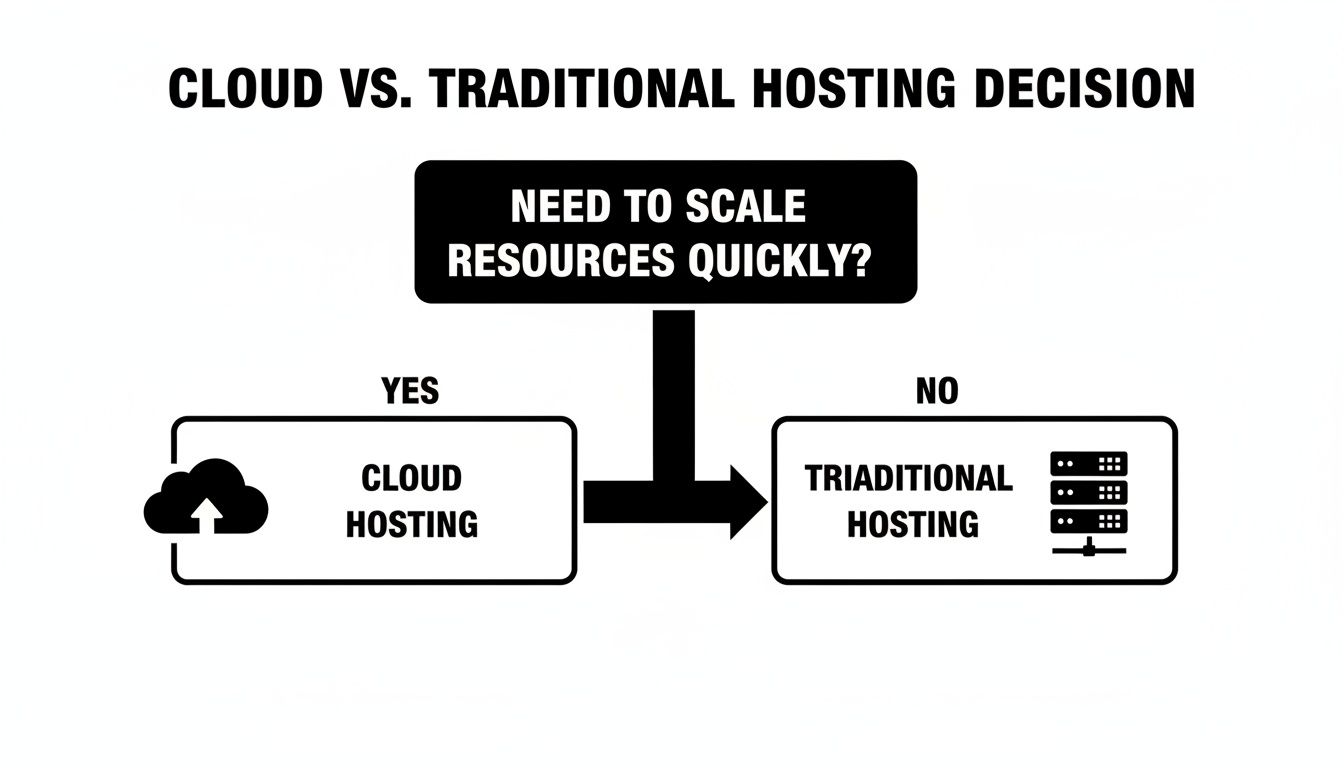 A decision flowchart comparing cloud vs. traditional hosting based on the need for quick resource scaling.