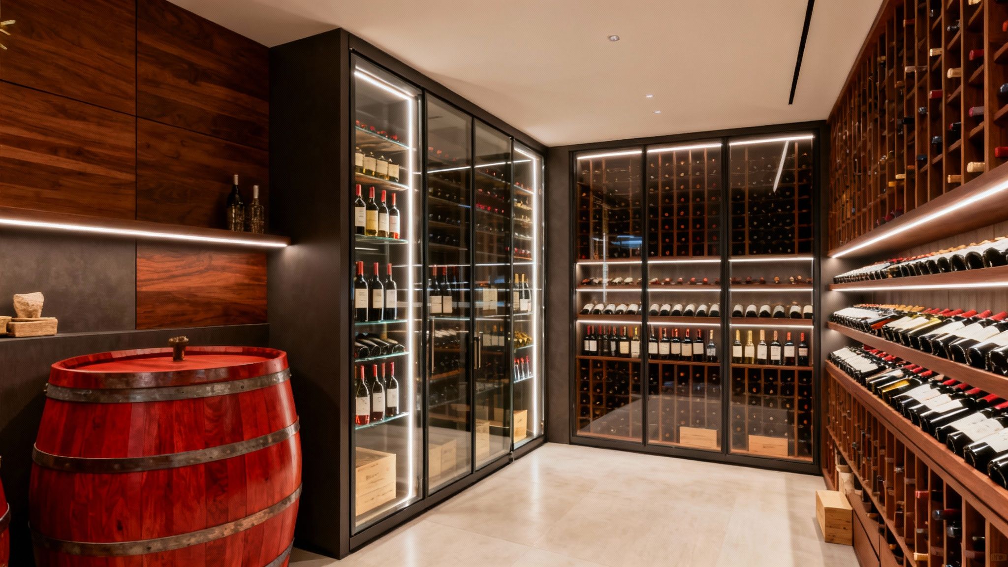 A luxurious and modern wine cellar featuring extensive wine storage, a red barrel, and warm lighting.