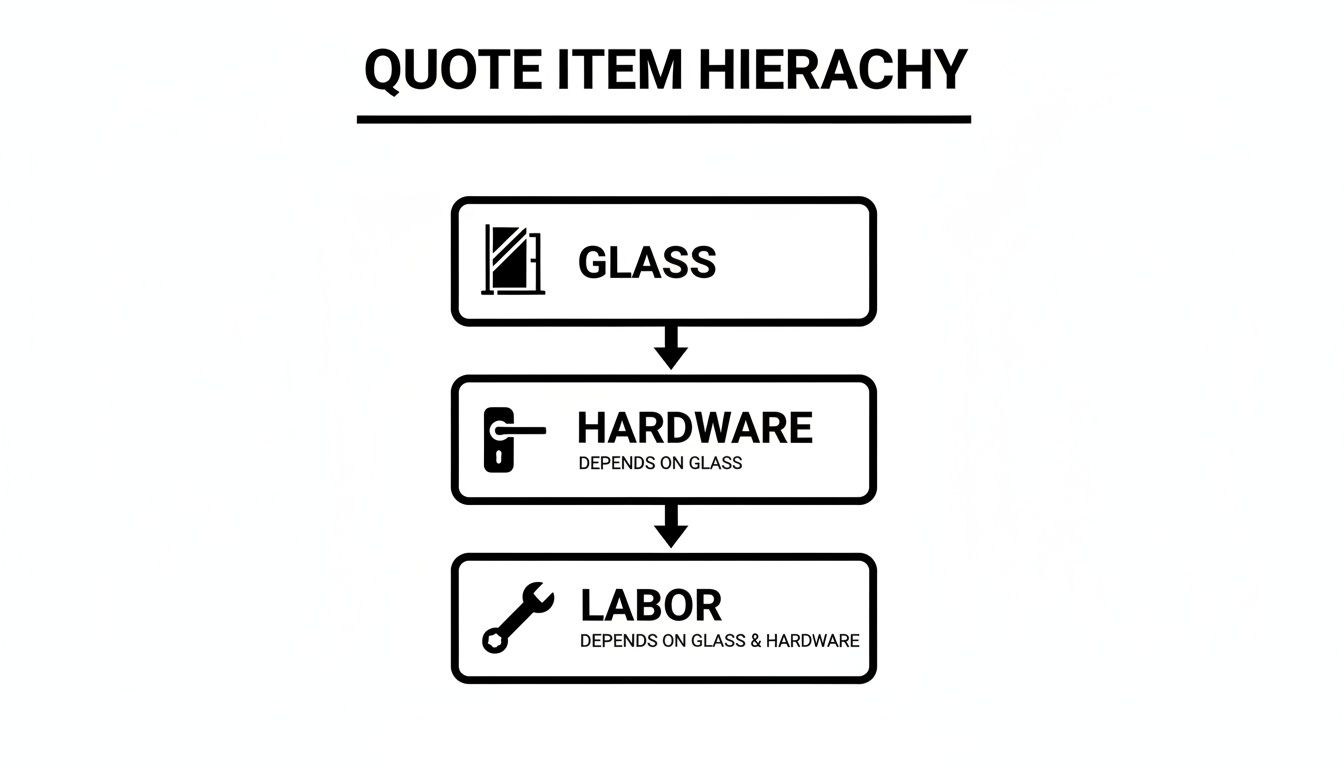 A diagram illustrating the quote item hierarchy for glass installation: Glass, Hardware (depends on Glass), and Labor (depends on Glass & Hardware).