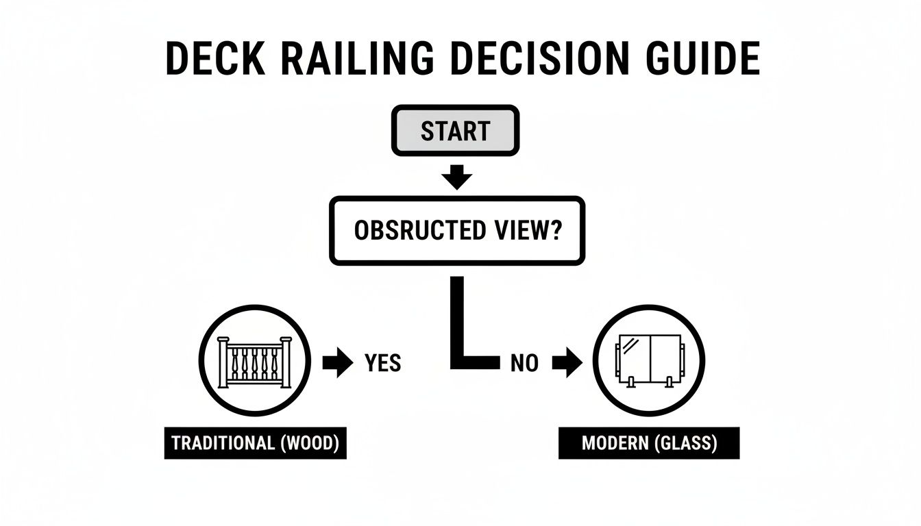 Flowchart for deck railing selection: traditional wood for obstructed views, modern glass for clear views.