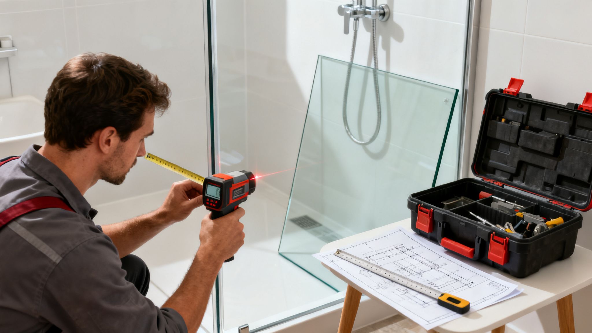 A man in work clothes measures for a new glass shower door installation with a laser tool.
