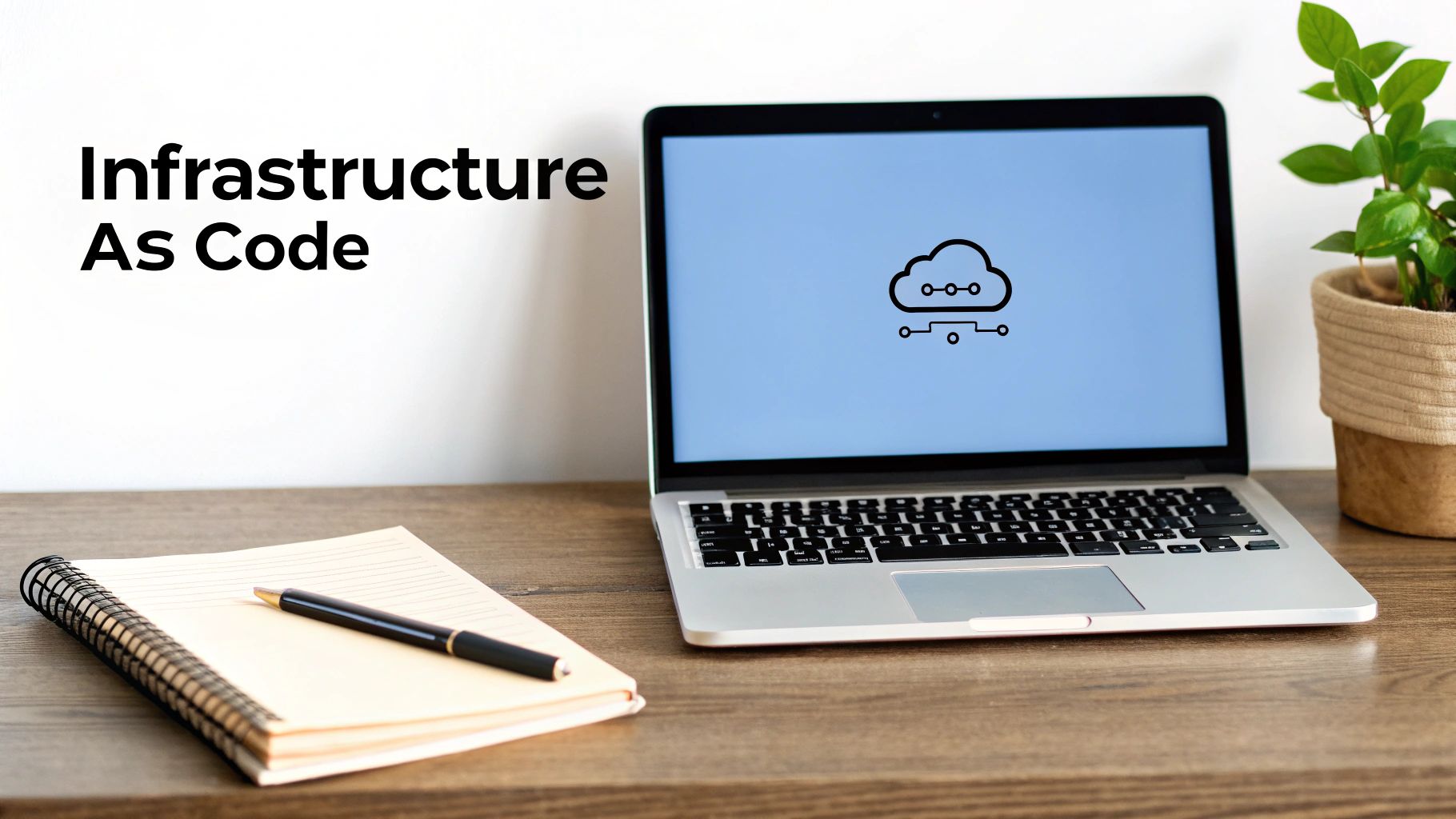 A laptop displaying a cloud icon and 'Infrastructure As Code' text on a desk with a notebook and pen.