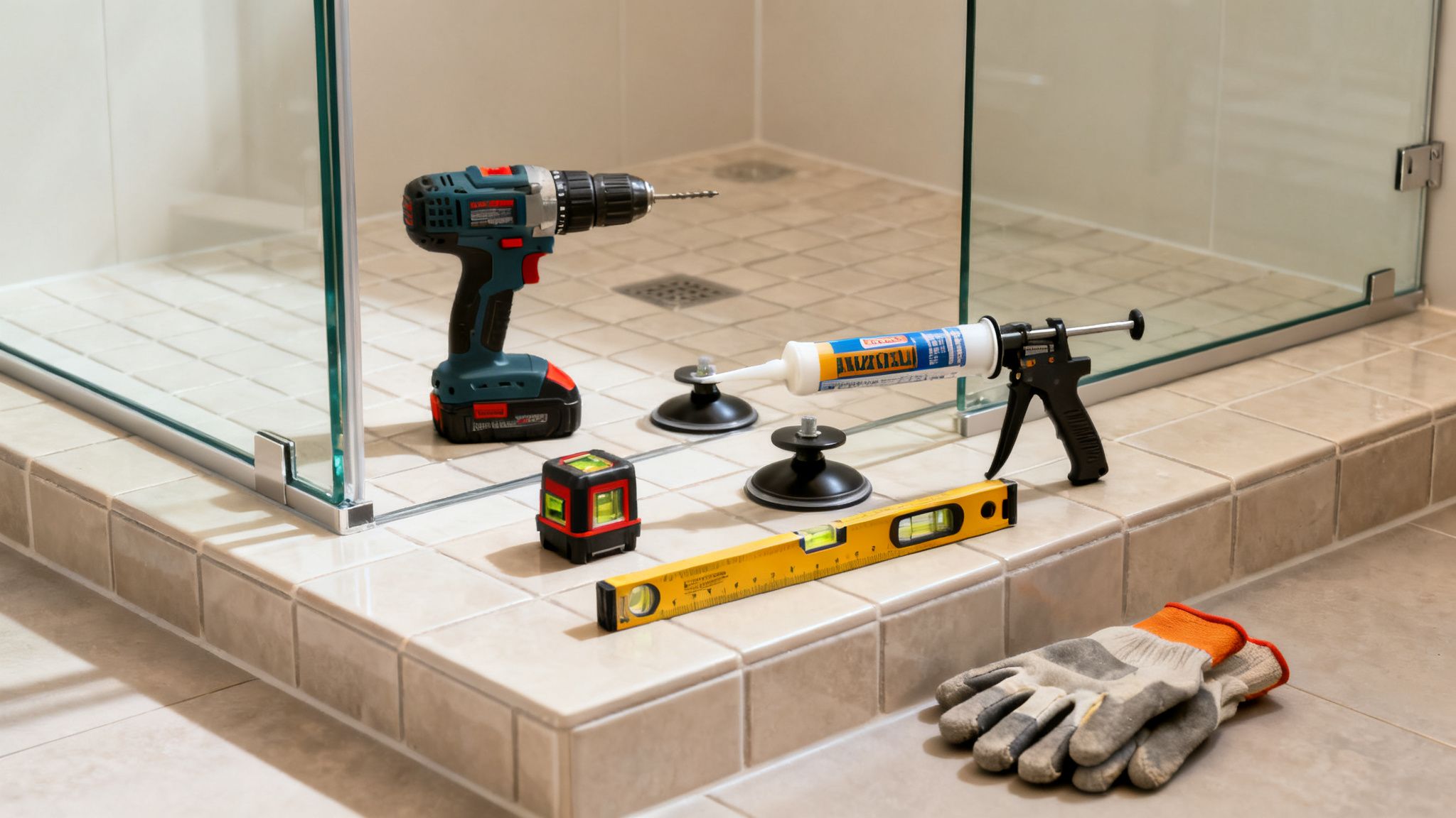 Tools for installing a frameless glass shower door, including a drill, level, and caulk gun.