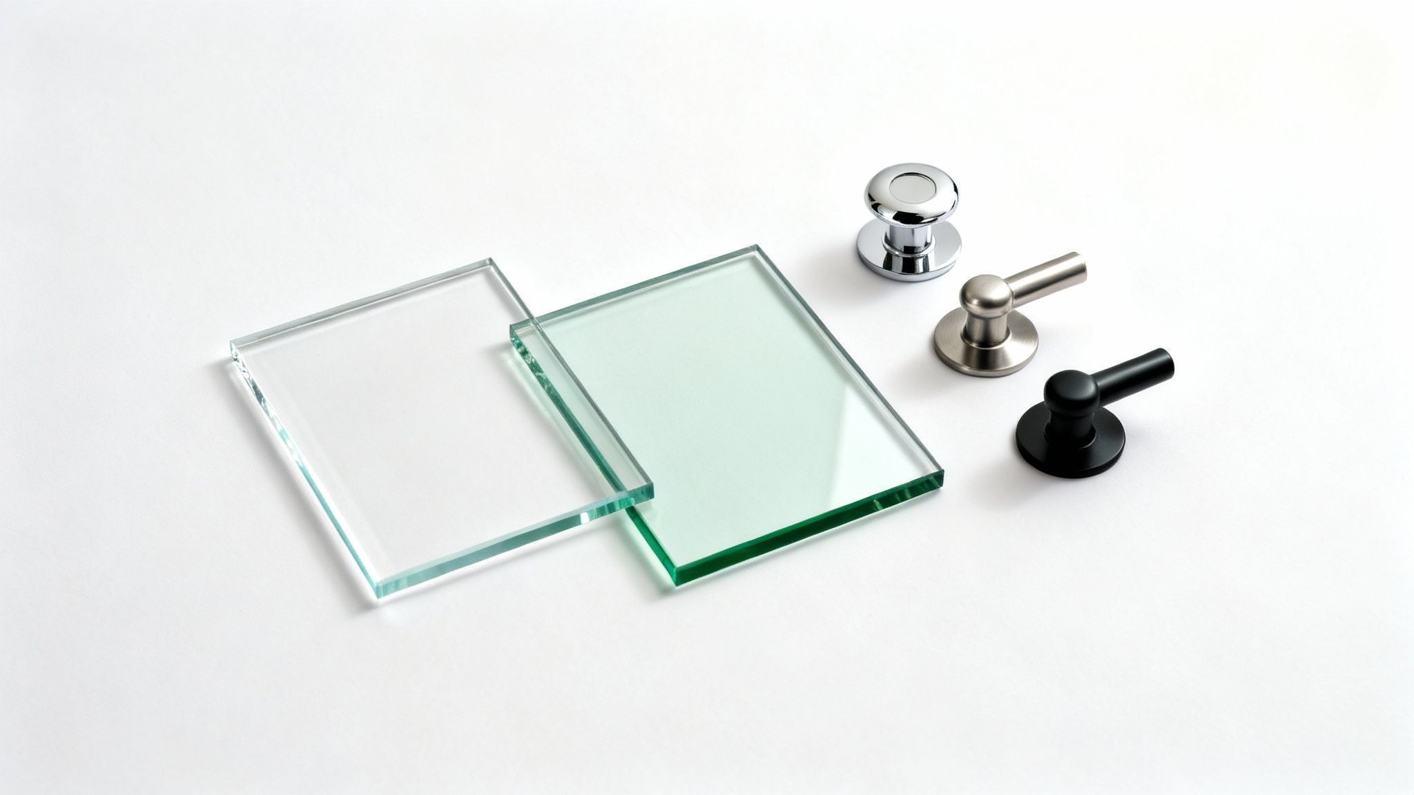 Various shower door components: clear and green glass panels with three metal handles in different finishes.