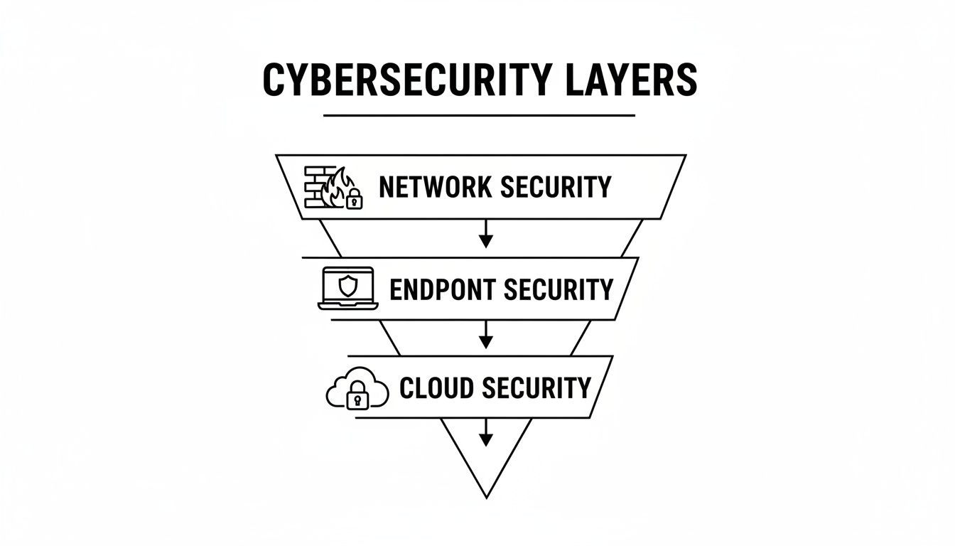 A diagram illustrates cybersecurity layers including network, endpoint, and cloud security in a funnel shape.