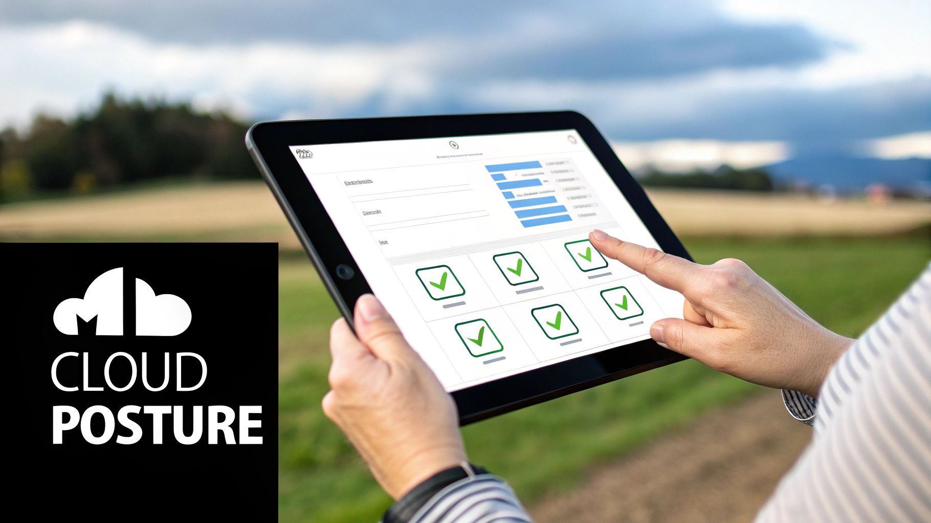 A person's hands holding a tablet displaying cloud security metrics and checkmarks, with a "CLOUD POSTURE" logo.