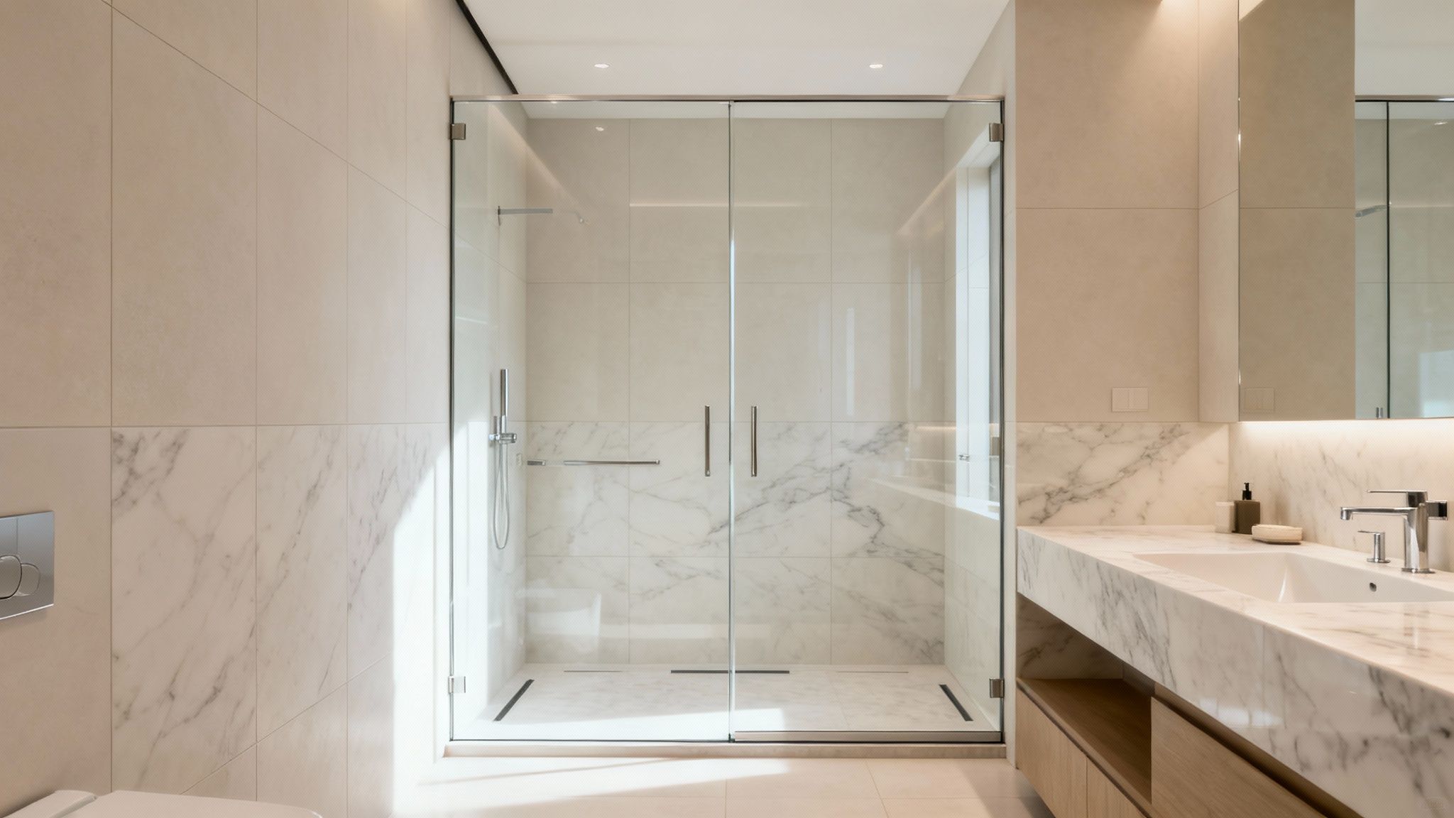 A luxurious modern bathroom interior features a frameless glass shower and a sleek marble vanity with double sinks.