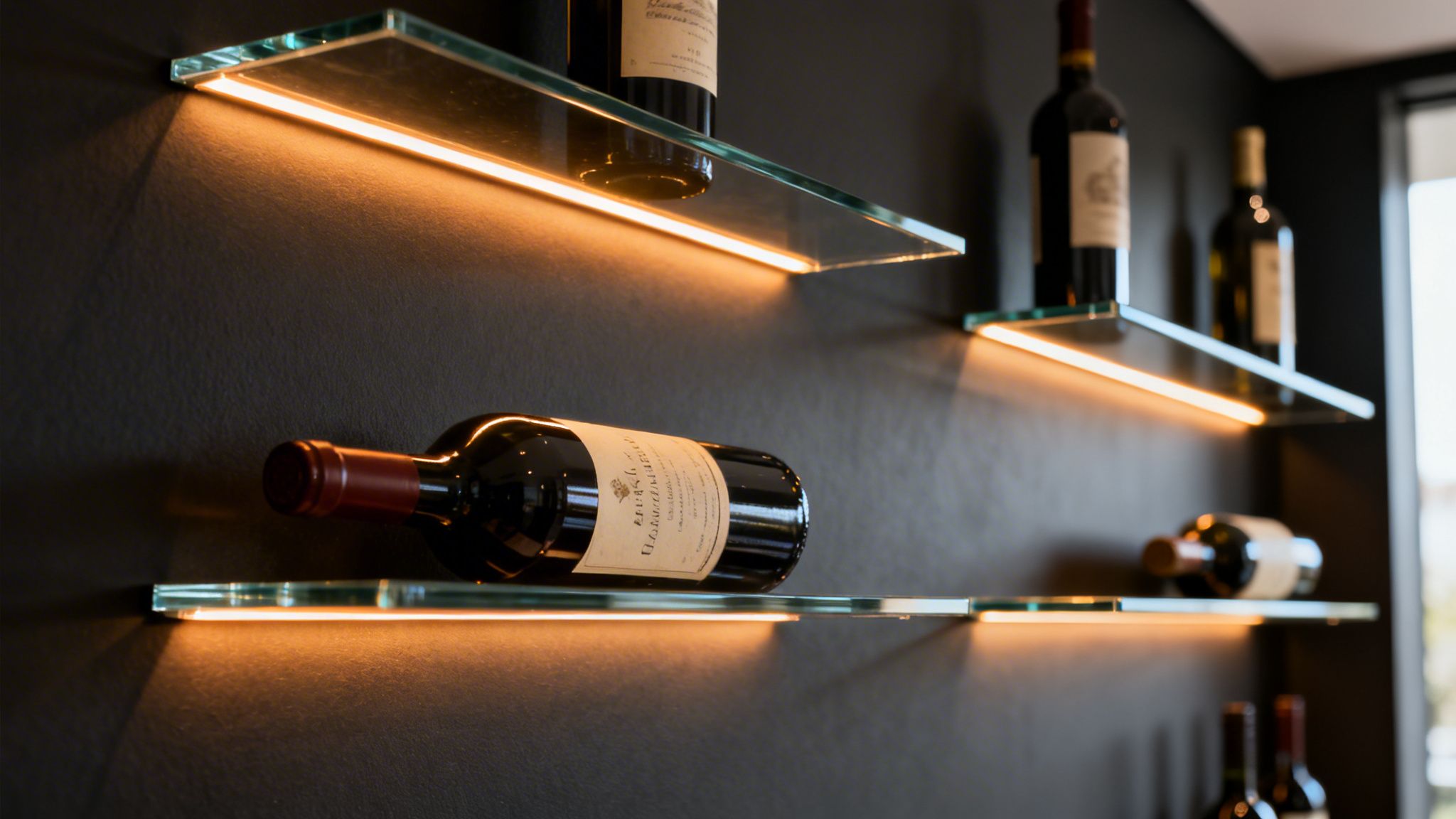 Modern wine cellar with illuminated glass shelves displaying several bottles of wine against a dark wall.