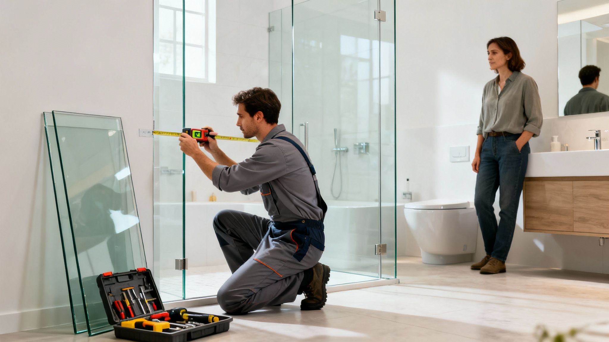 A man in overalls measures a glass shower door while a woman observes, indicating home renovation.