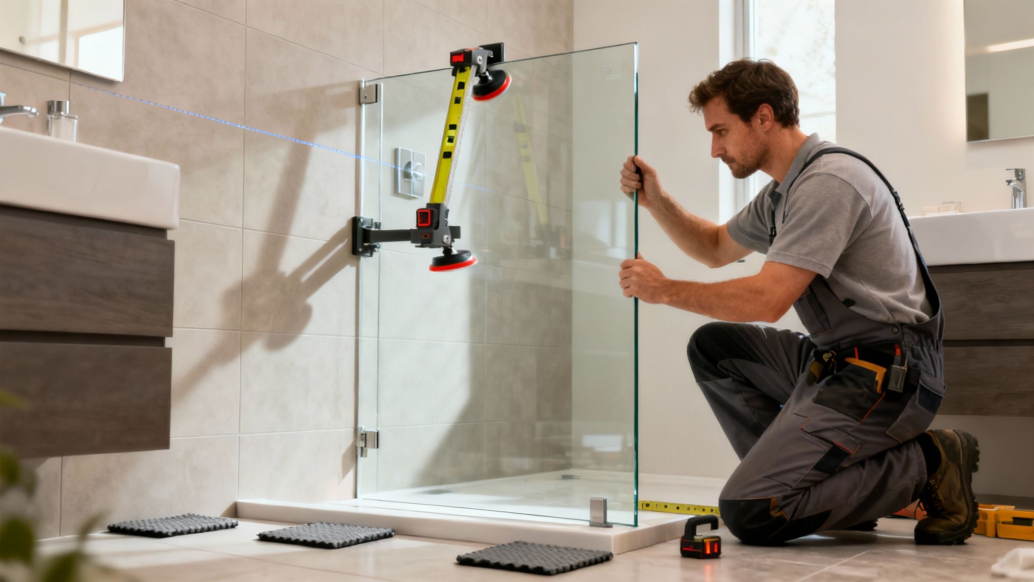A man carefully installing a large glass shower panel in a modern bathroom using a laser level.
