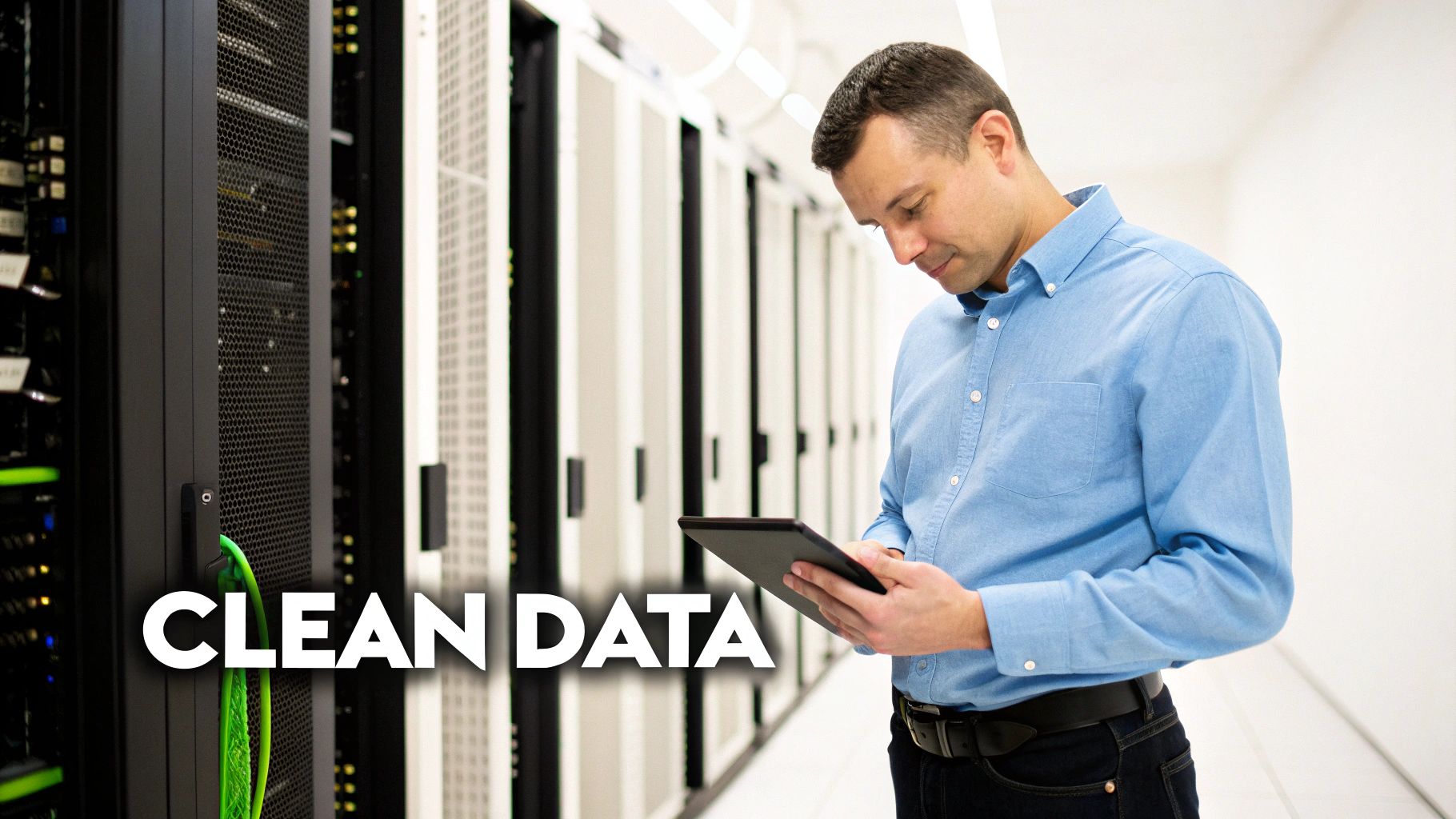 A man in a data center reviews information on a tablet, with 'CLEAN DATA' text.
