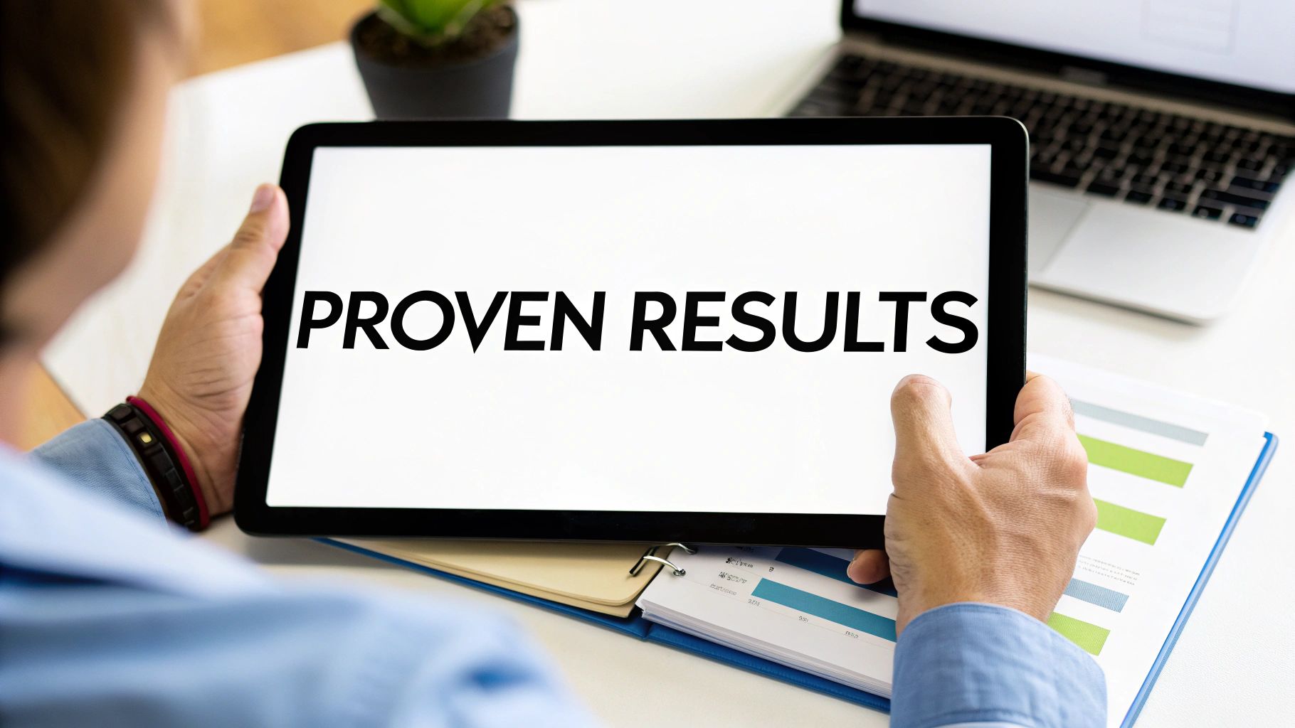 Close-up of a person holding a tablet displaying 'PROVEN RESULTS' with charts in the background.