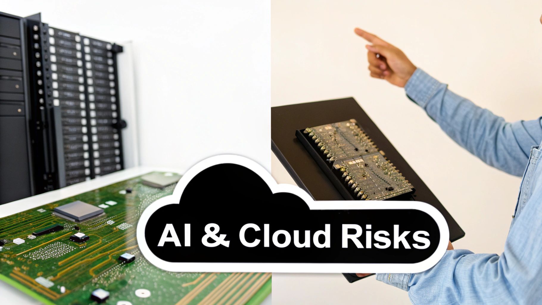 Technological hardware, including a server rack and circuit boards, with a cloud overlay stating 'AI & Cloud Risks'.