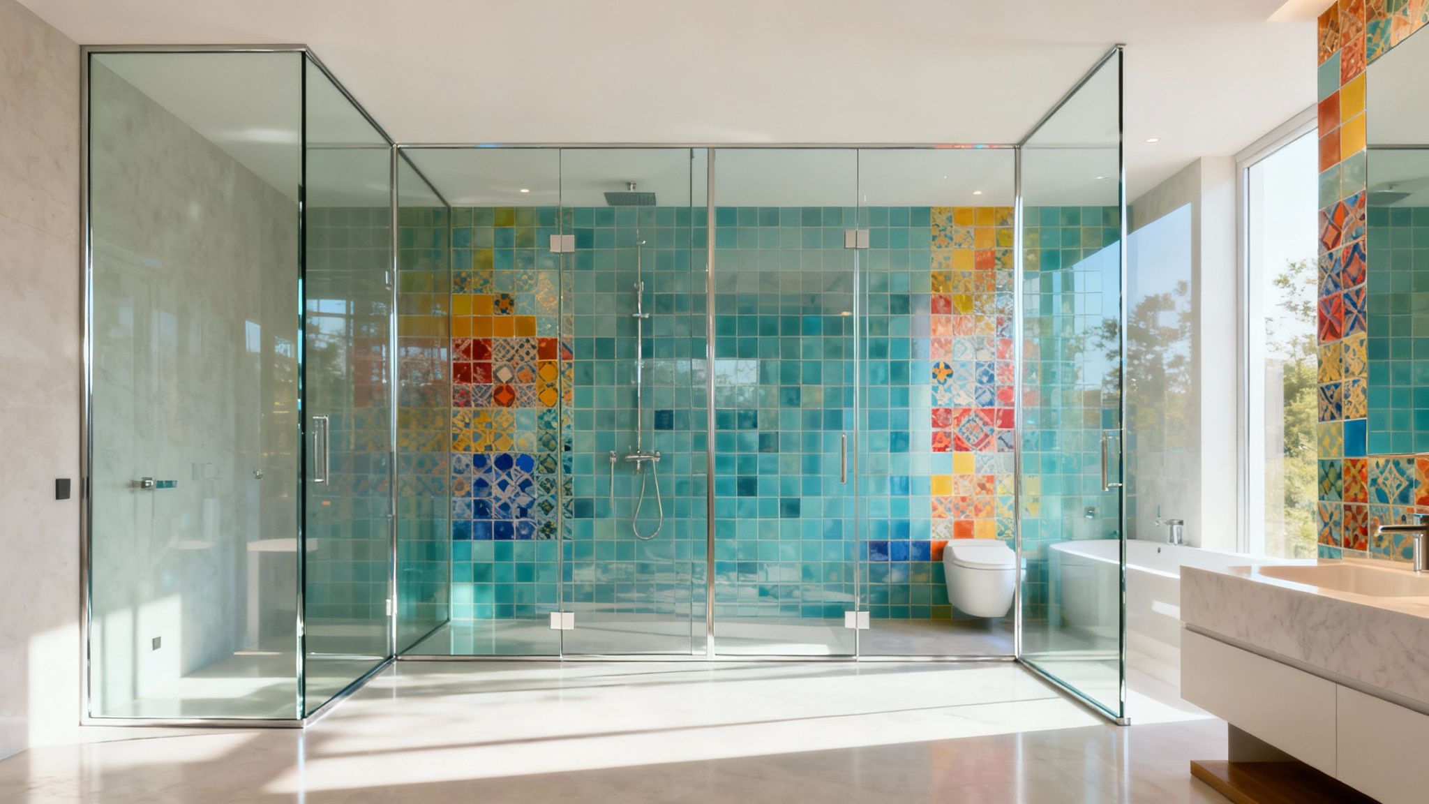 A luxurious bathroom featuring a large glass shower enclosure and vibrant patterned tiles.