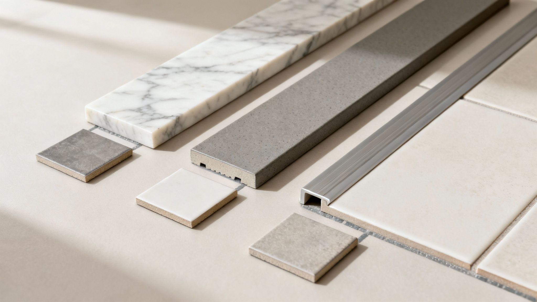 Close-up of various tile and trim samples for home renovation, including marble, speckled, and plain tiles.