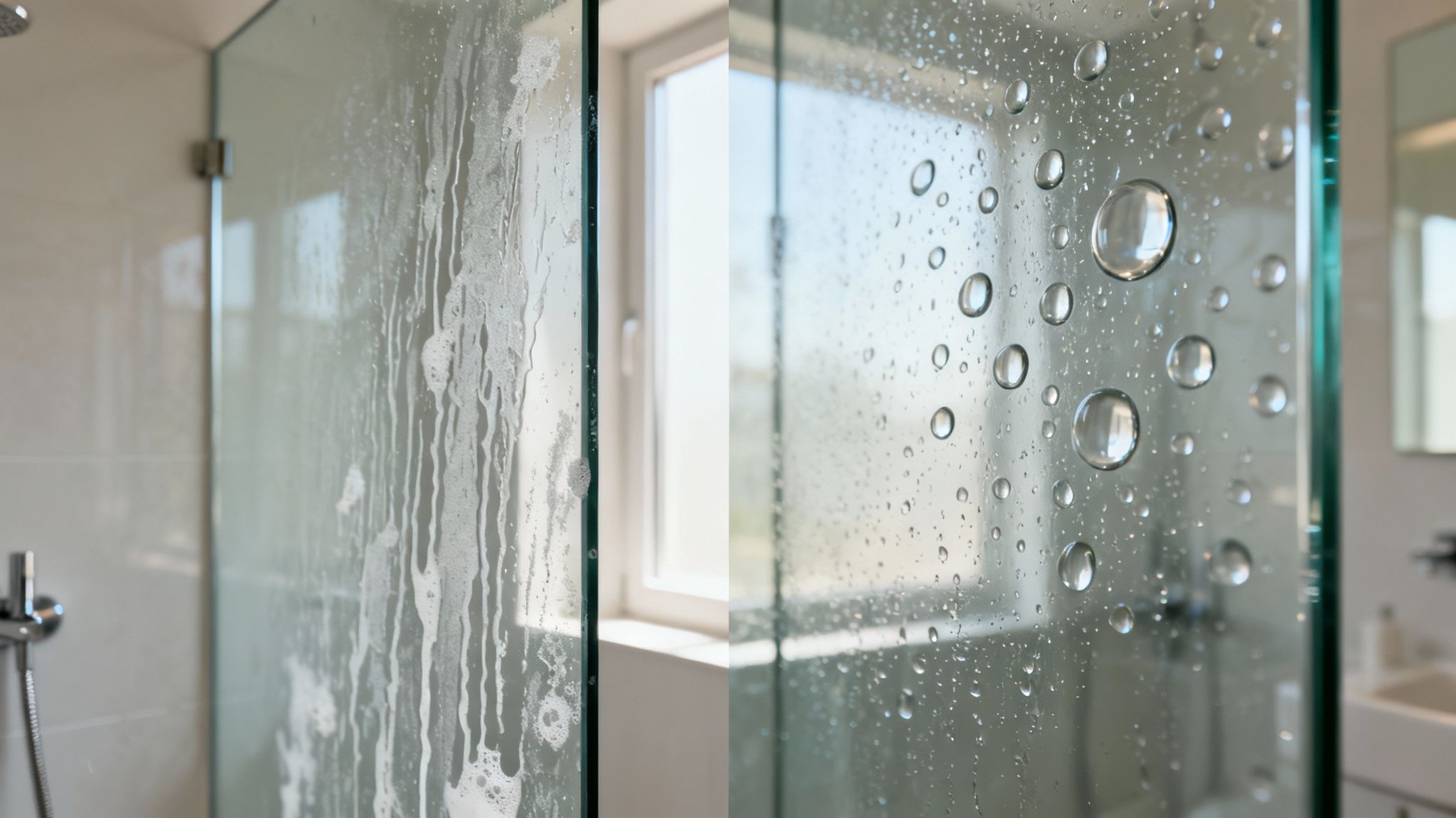 Close-up of a glass shower door with soap residue on one side and clear water droplets on the other.