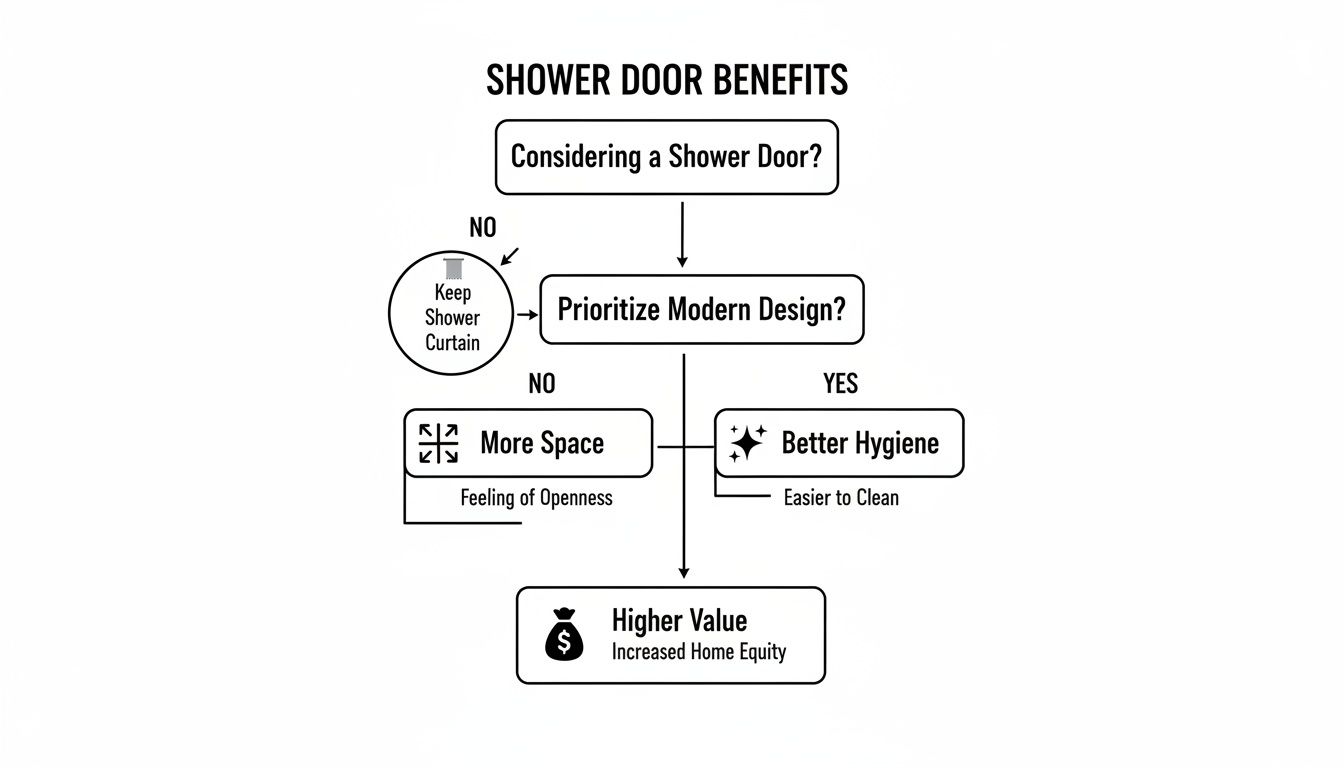 A flowchart illustrating the benefits of shower doors, including modern design, more space, better hygiene, and increased home value.
