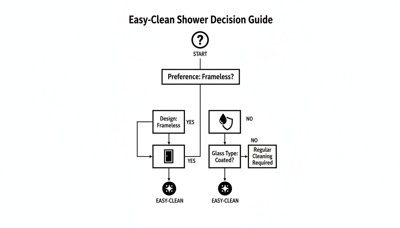Flowchart titled 'Easy-Clean Shower Decision Guide' helping users choose easy-to-clean shower designs based on frameless preference and glass coating.