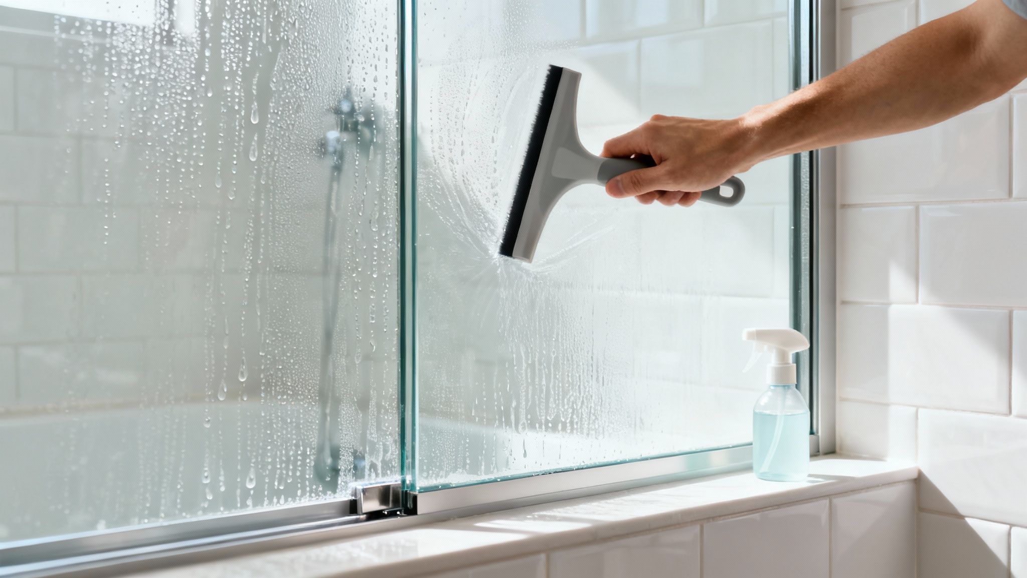 A person's hand uses a squeegee to clean water droplets off a frameless glass shower door.