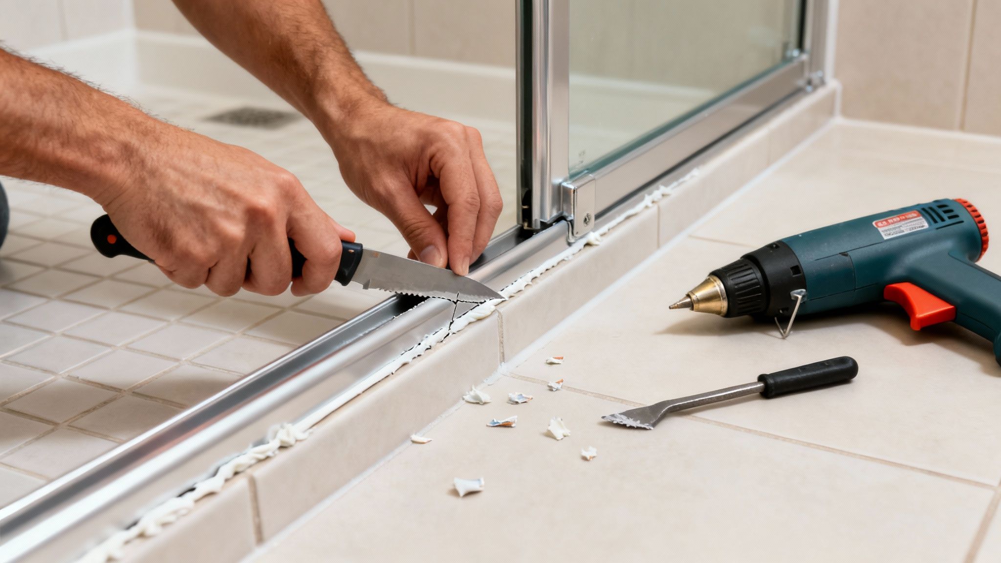 A person uses a serrated knife to remove old caulk from a shower door frame.
