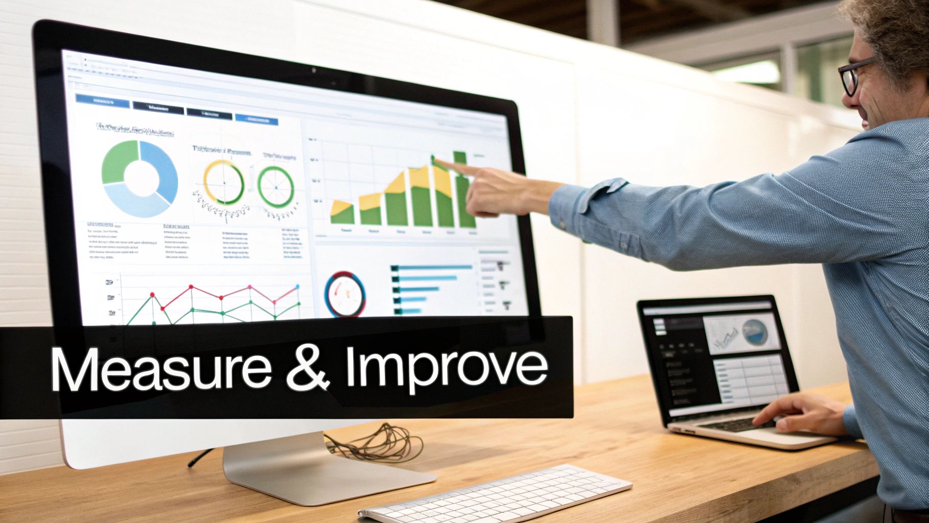 A person pointing at a computer monitor displaying business dashboards with charts and graphs.