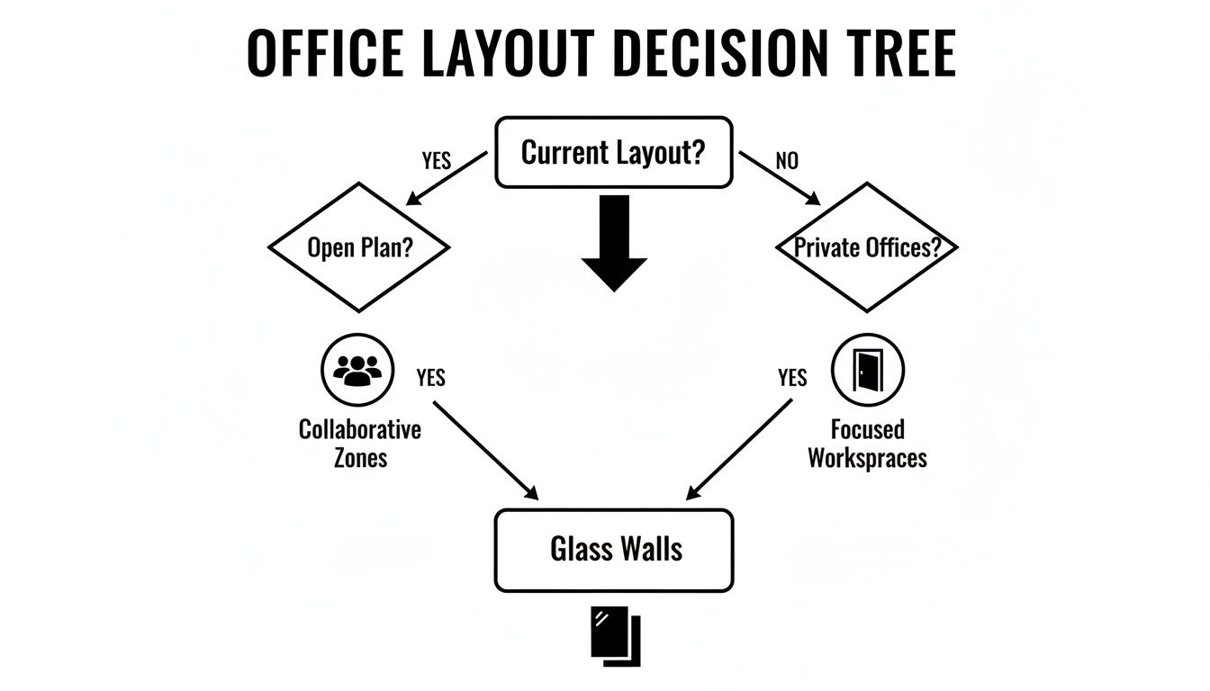 An office layout decision tree recommends glass walls for both open plan and private office configurations.