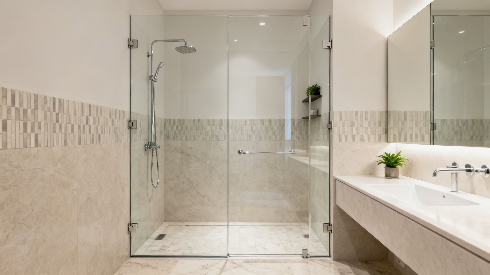 A brightly lit, modern bathroom featuring a spacious glass shower enclosure and a sleek vanity with a sink.