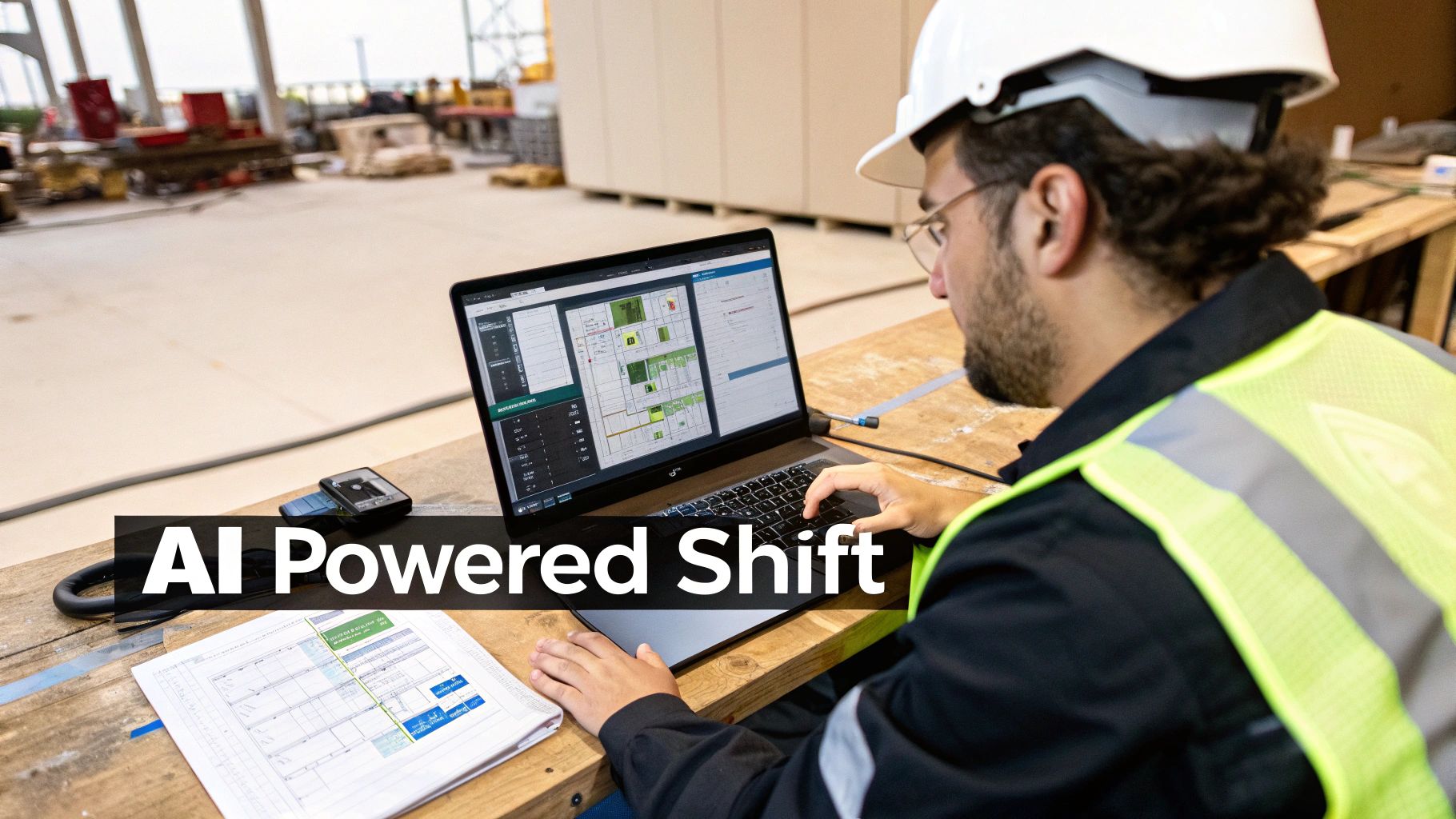 A construction worker uses a laptop with AI-powered software on a job site.