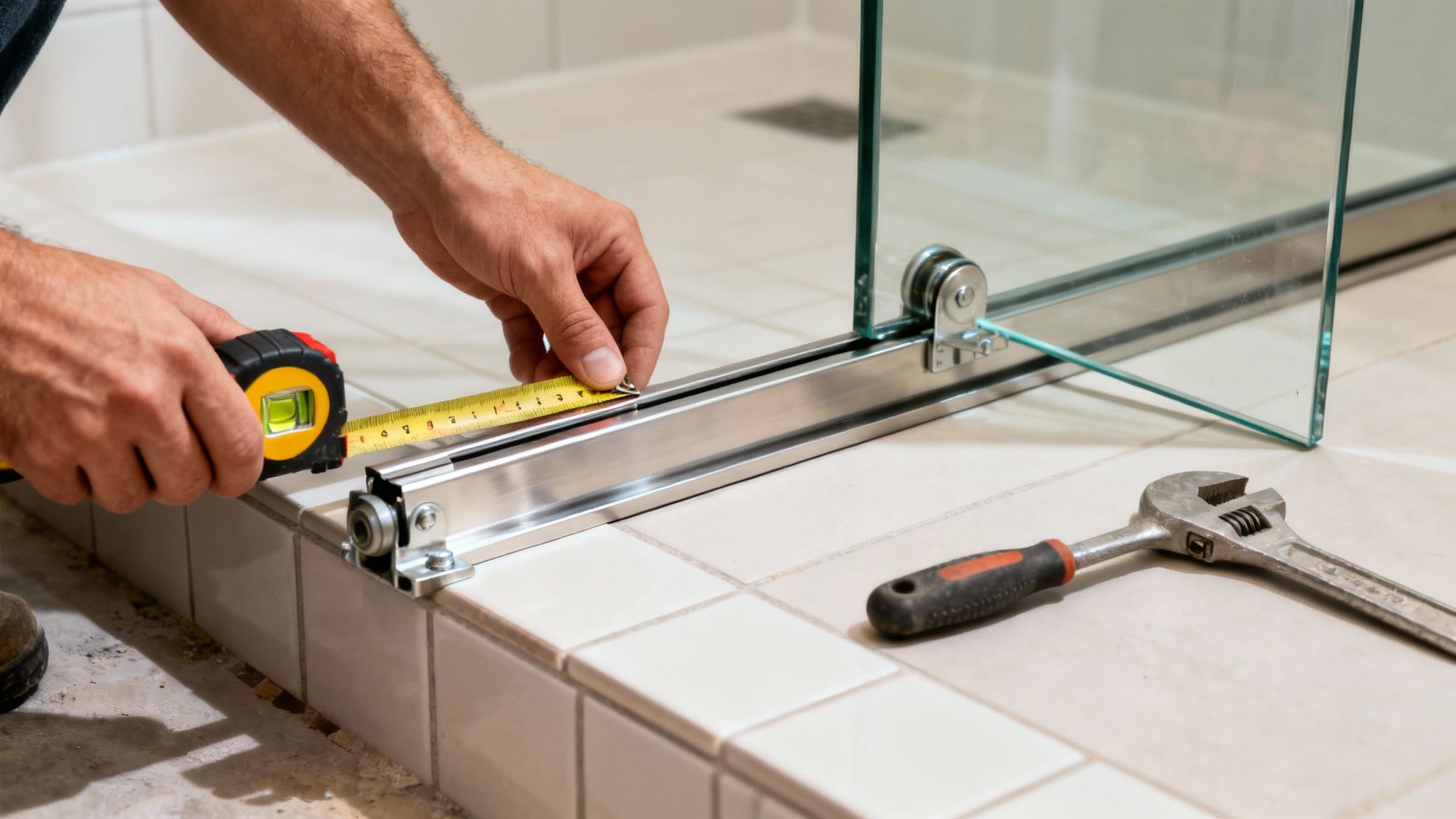 A person's hands measuring the bottom track of a frameless glass shower door with a tape measure, next to an adjustable wrench.