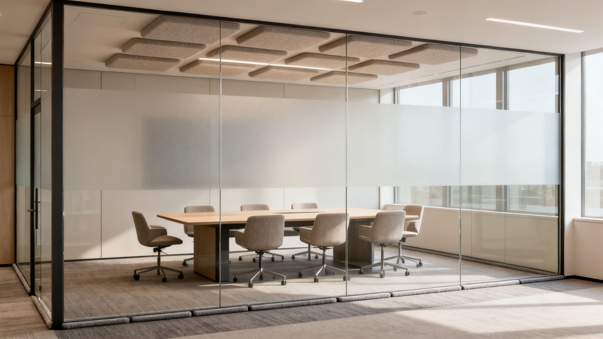Modern office meeting room with glass walls, a frosted privacy band, a wooden table, and ergonomic chairs.