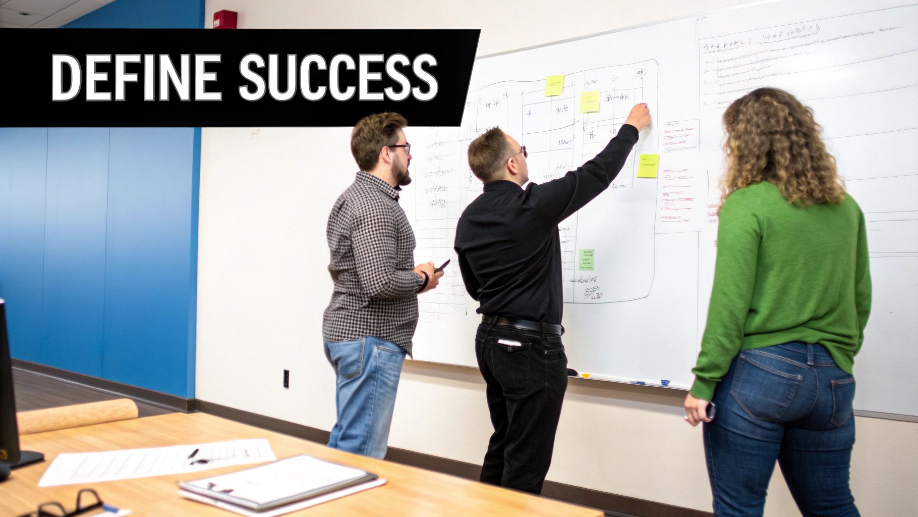 Three colleagues collaborate around a whiteboard with sticky notes, discussing ideas and defining success.
