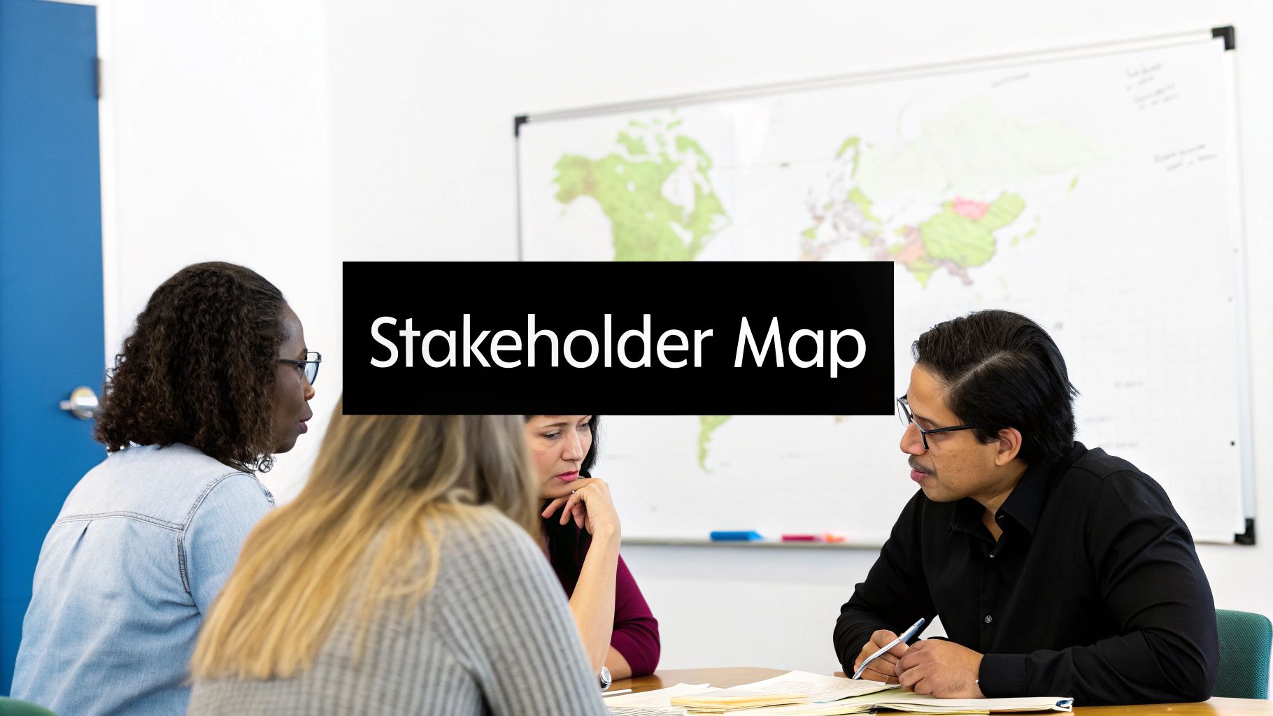 Three diverse professionals discuss a stakeholder map in a bright meeting room with a world map on the wall.