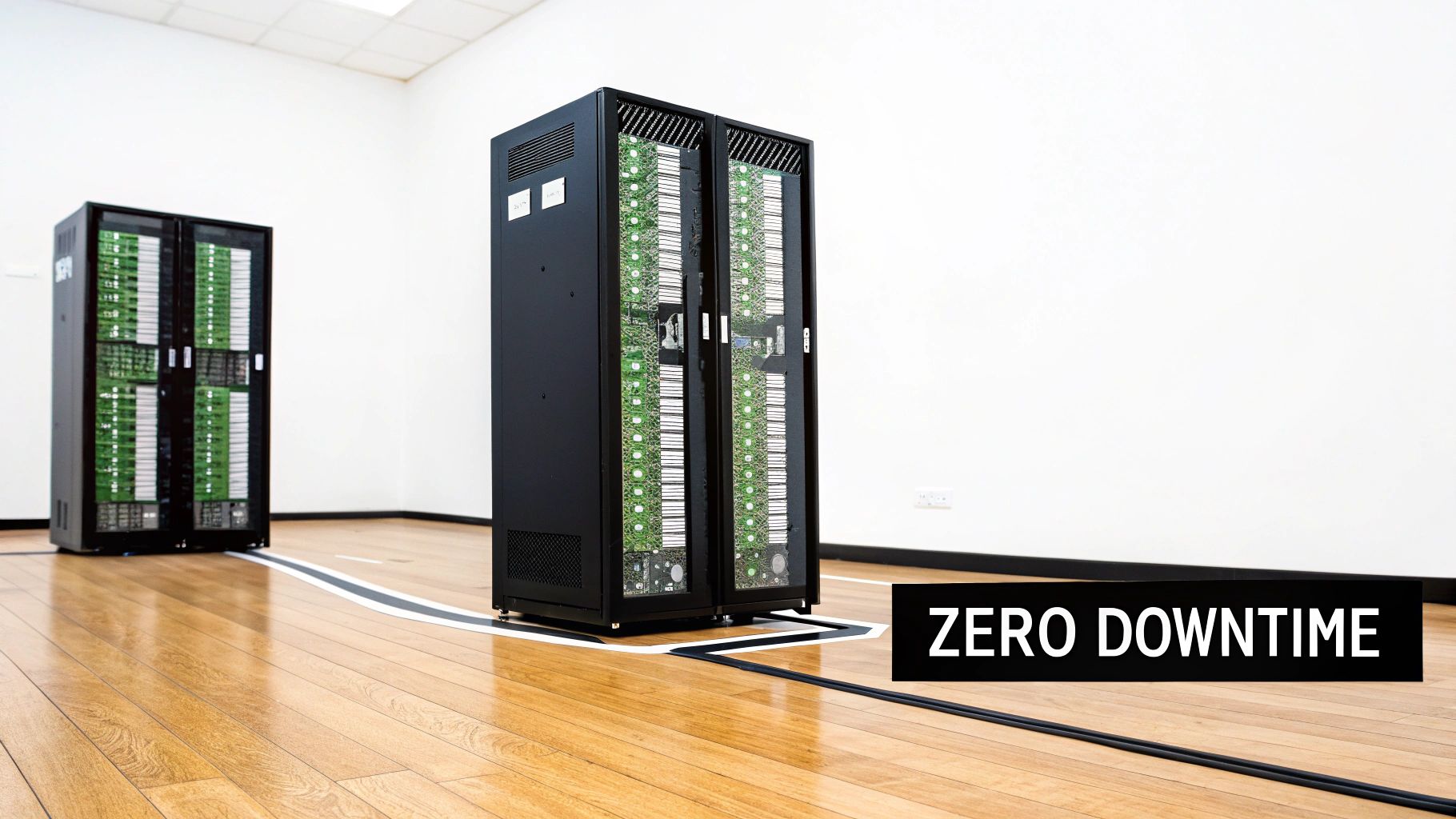 Two server racks filled with green circuit boards, labeled 'ZERO DOWNTIME', in a clean data room.