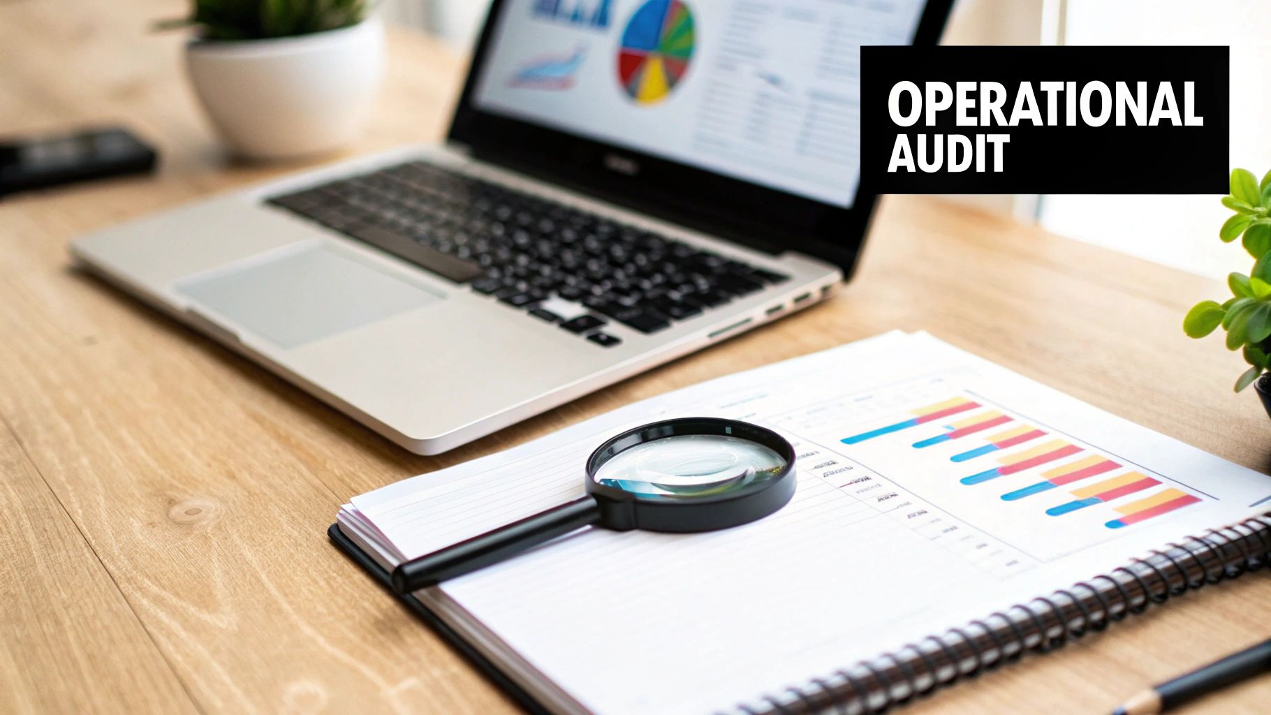 A desk with a laptop displaying charts, a magnifying glass on financial documents, and 'Operational Audit' text.