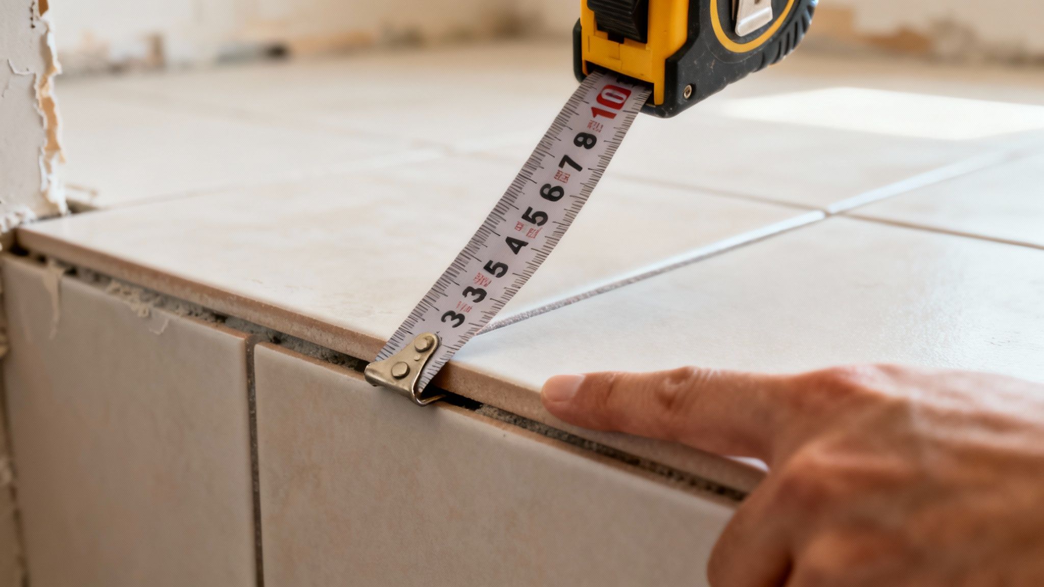 A hand uses a tape measure to check the dimensions of newly installed light-colored tiles.