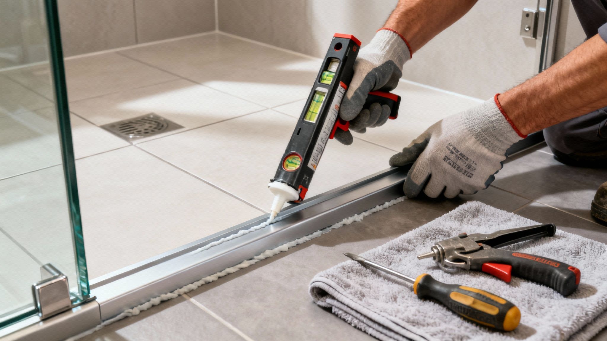 A person in work gloves applies sealant along a shower door threshold on a tiled bathroom floor.