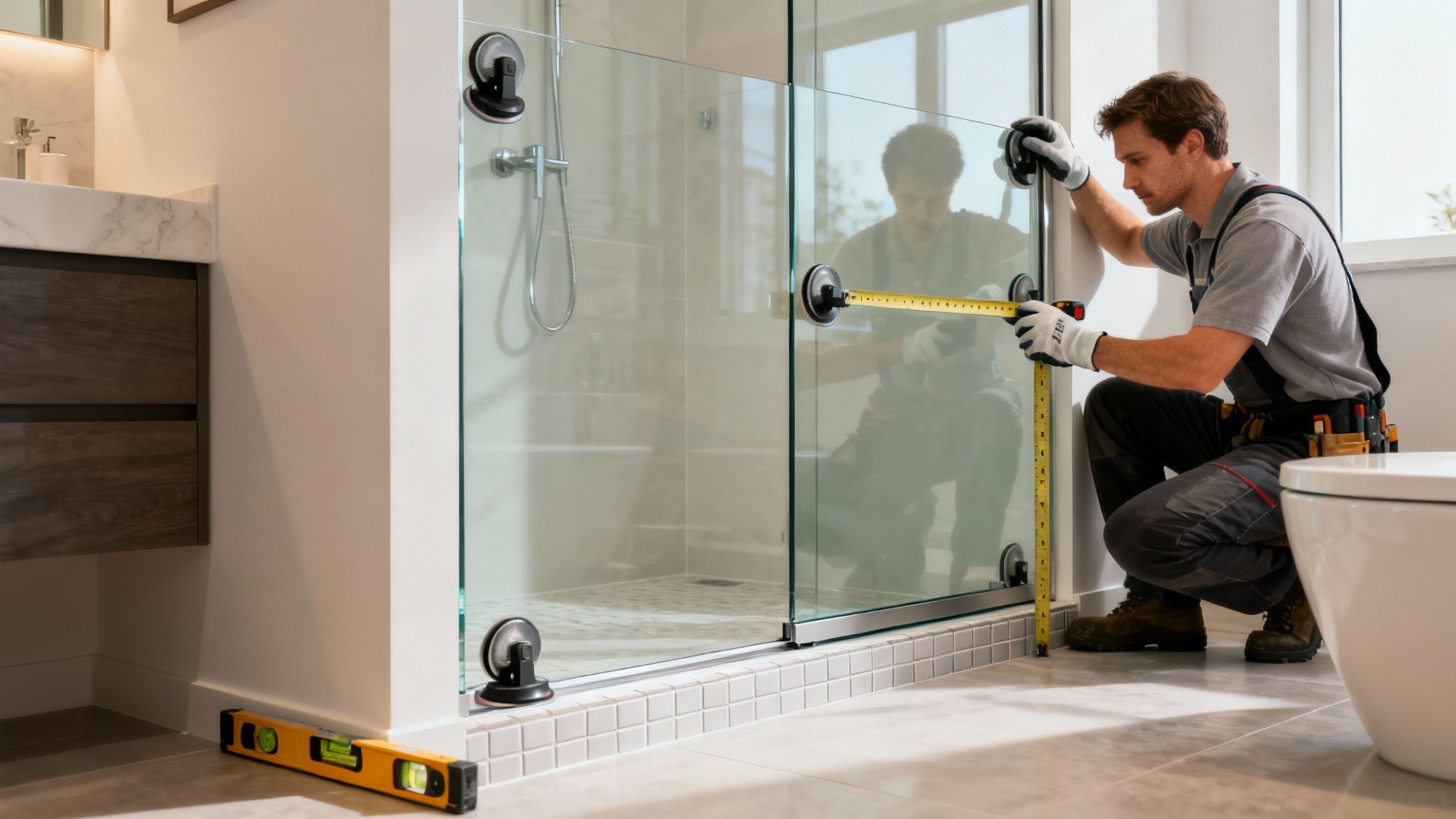 A man in work clothes measures a frameless sliding glass shower door in a modern bathroom.