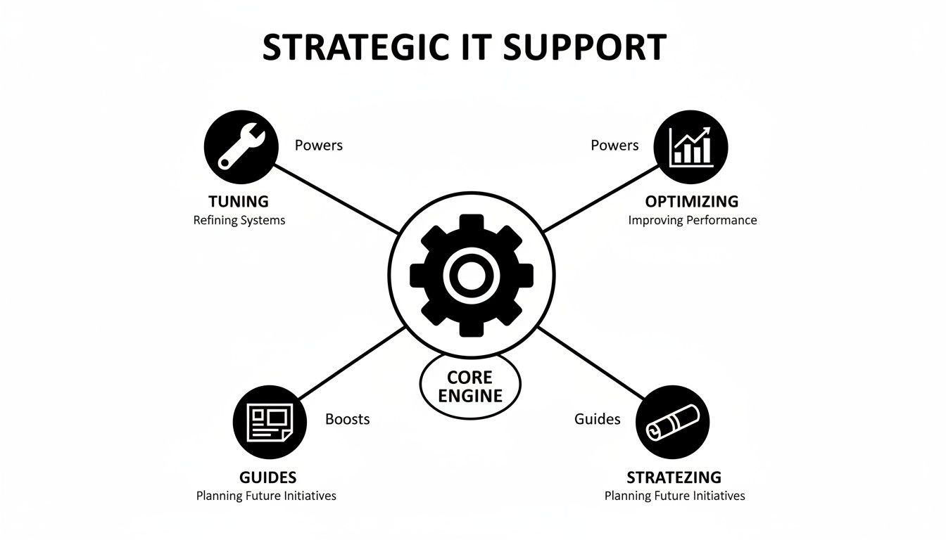 Diagram illustrating strategic IT support with a core engine driving tuning, optimizing, guiding, and strategizing.